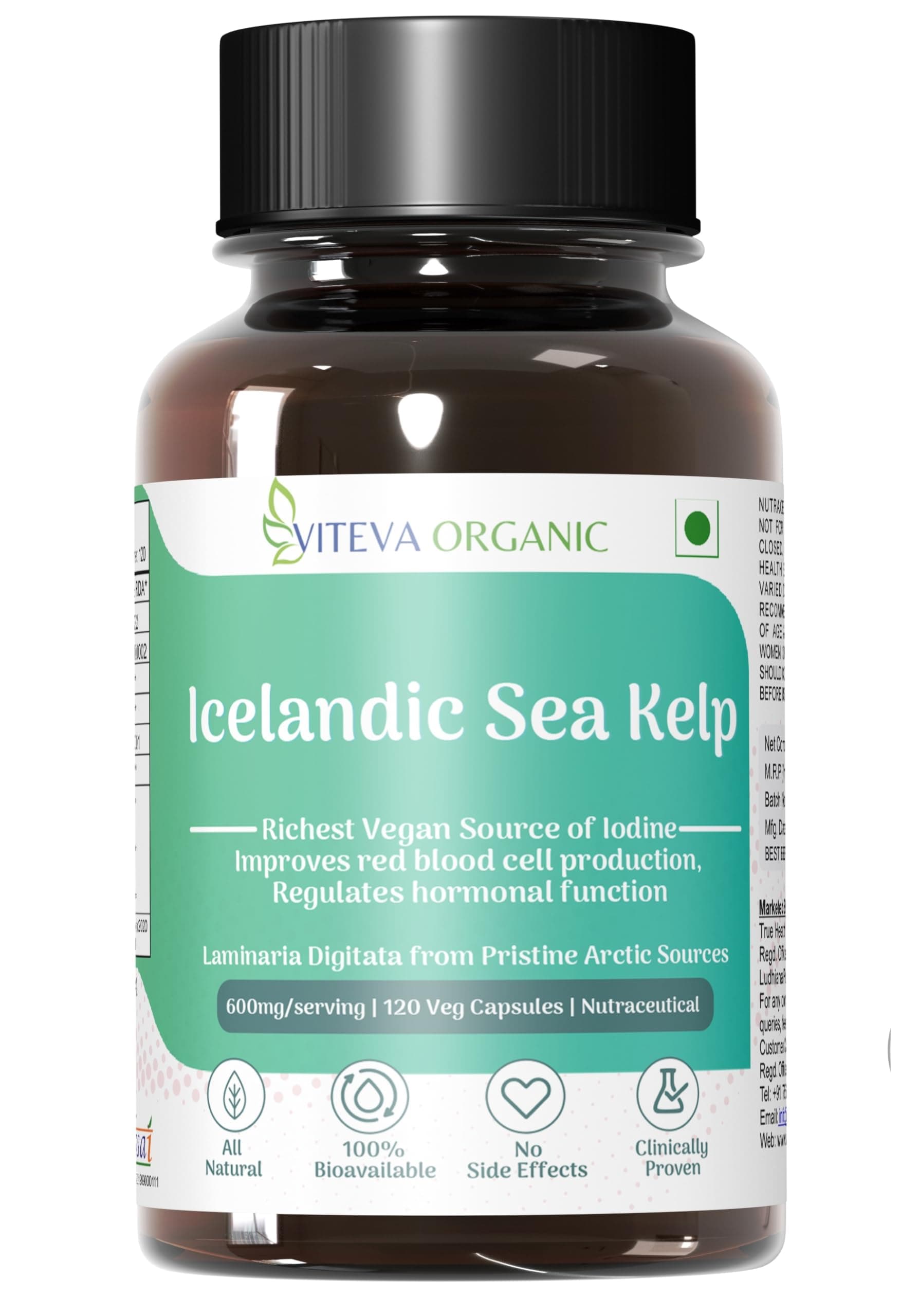 Sea Kelp Capsules 600mg 120 Veg Capsules - Icelandic Laminaria Digitata Thyroid Supplement - Natural Antioxidant for Metabolism & Hormone Balance- Sea Kelp Supplement for Iodine Support