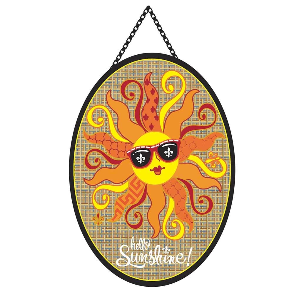 Magnolia Garden Hello Sunshine Patchwork Sunrays on Burlap 18 x 13 Oval Chain Rope Door Banner