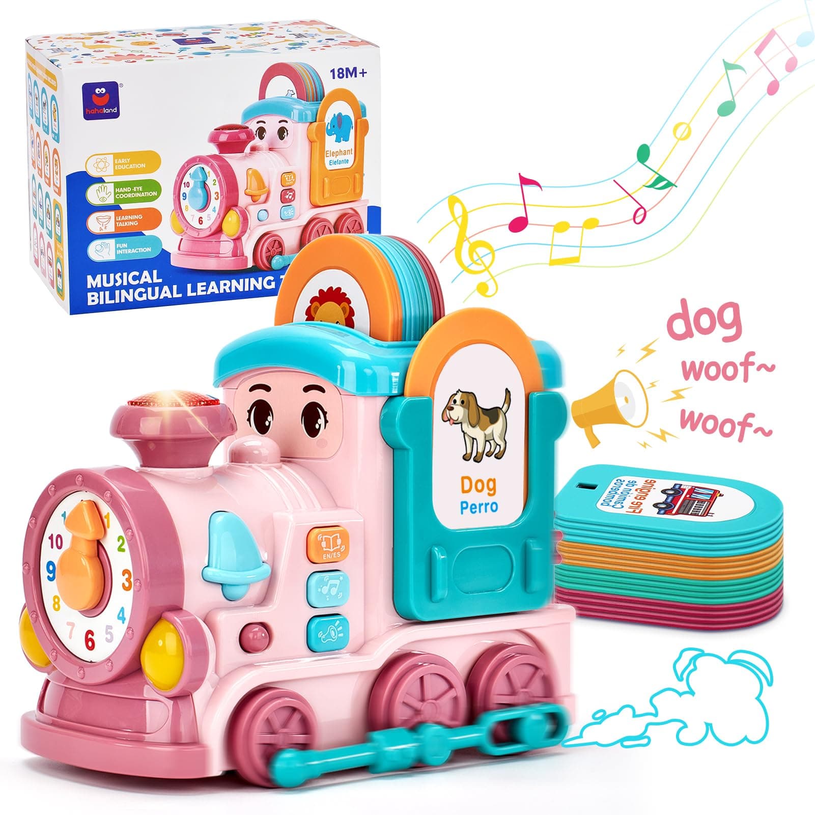 Hahaland Montessori Toy for 18+ Months Girls – All-in-One Pink Train with Language Development, Sensory Stimulation & Crawling Fun, Bilingual Educational Toy, for 2 Year Old Girls