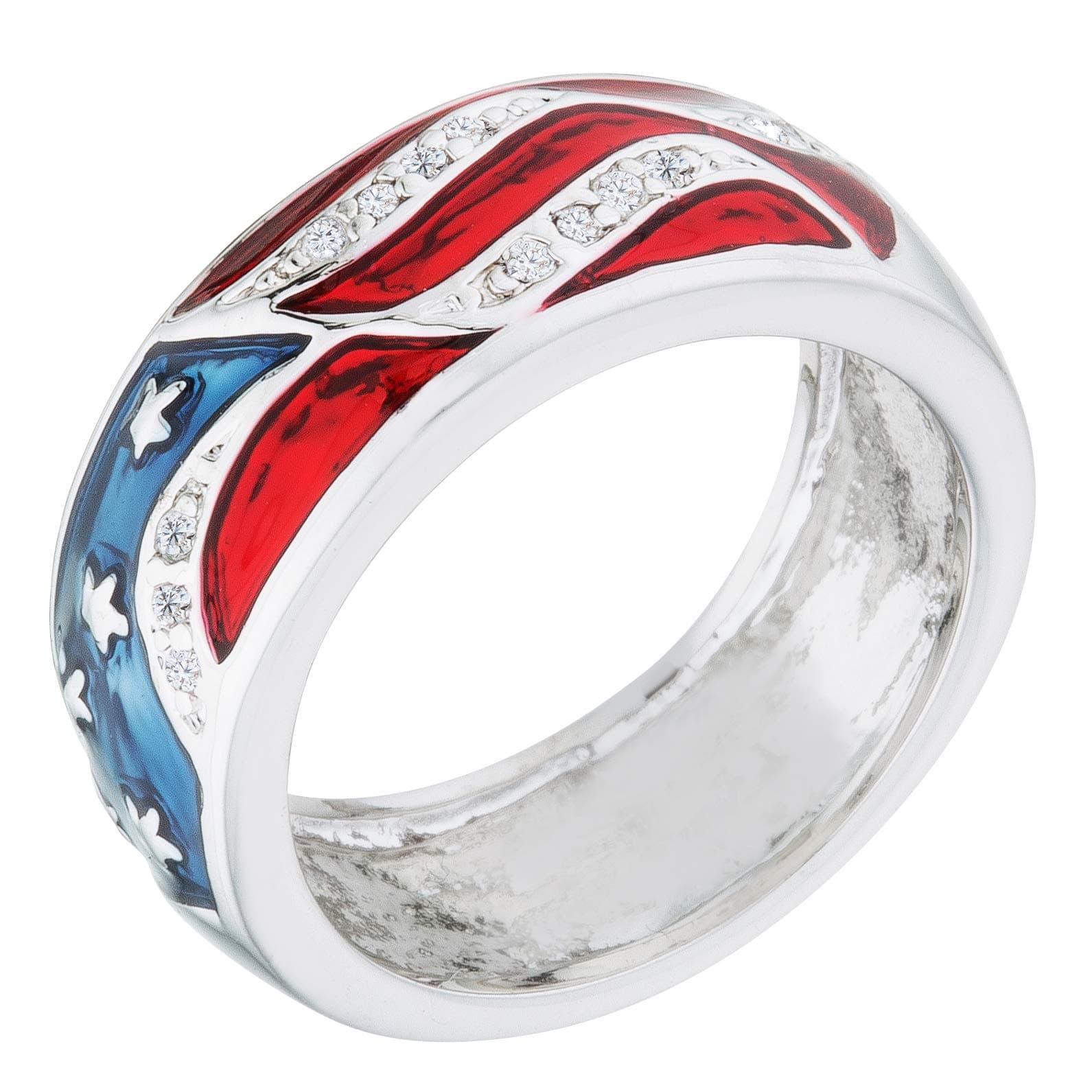 USA American Flag Patriotic Ring with Red and Blue Enamel and Cubic Zirconia
