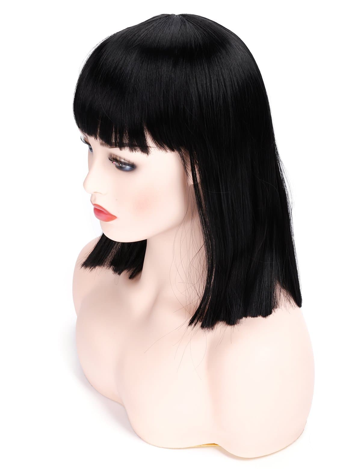 morvally Short Straight Black Wig with Bangs Natural Looking Heat Resistant Hair Cosplay Costume Wigs for Women (14 inches Natural Black)