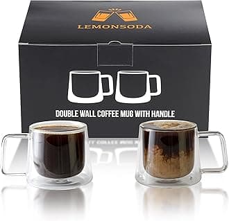 LEMONSODA Double Walled Glass Coffee Drink Mug with Handle - Set of 2 (250 mL / 8.5 fl. oz)