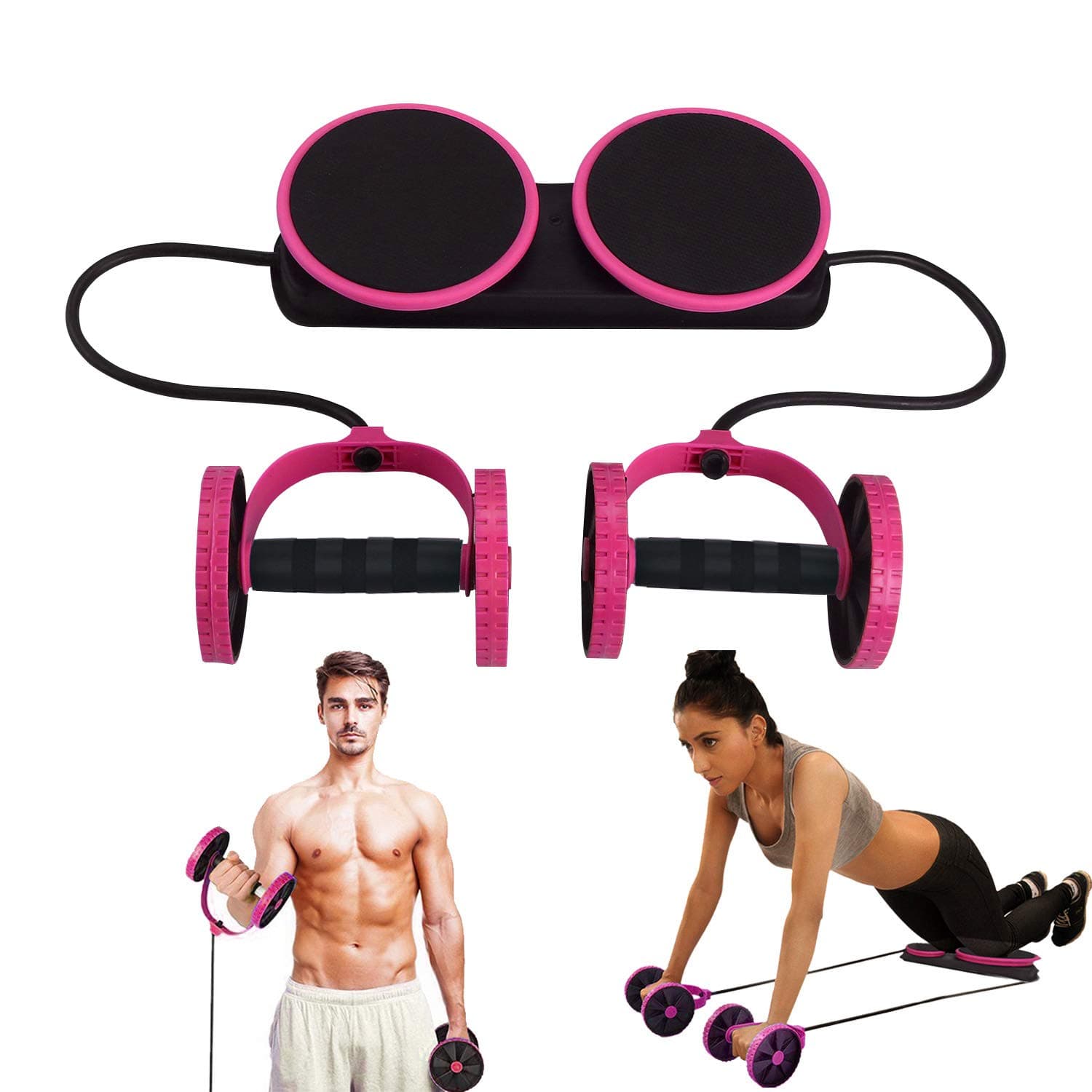 Multi Function Double AB Roller Wheel Exercise Equipment for Home Gym,Abdomen and Arm Workout Equipment Waist Slimming Trainer for man and women (Pink)