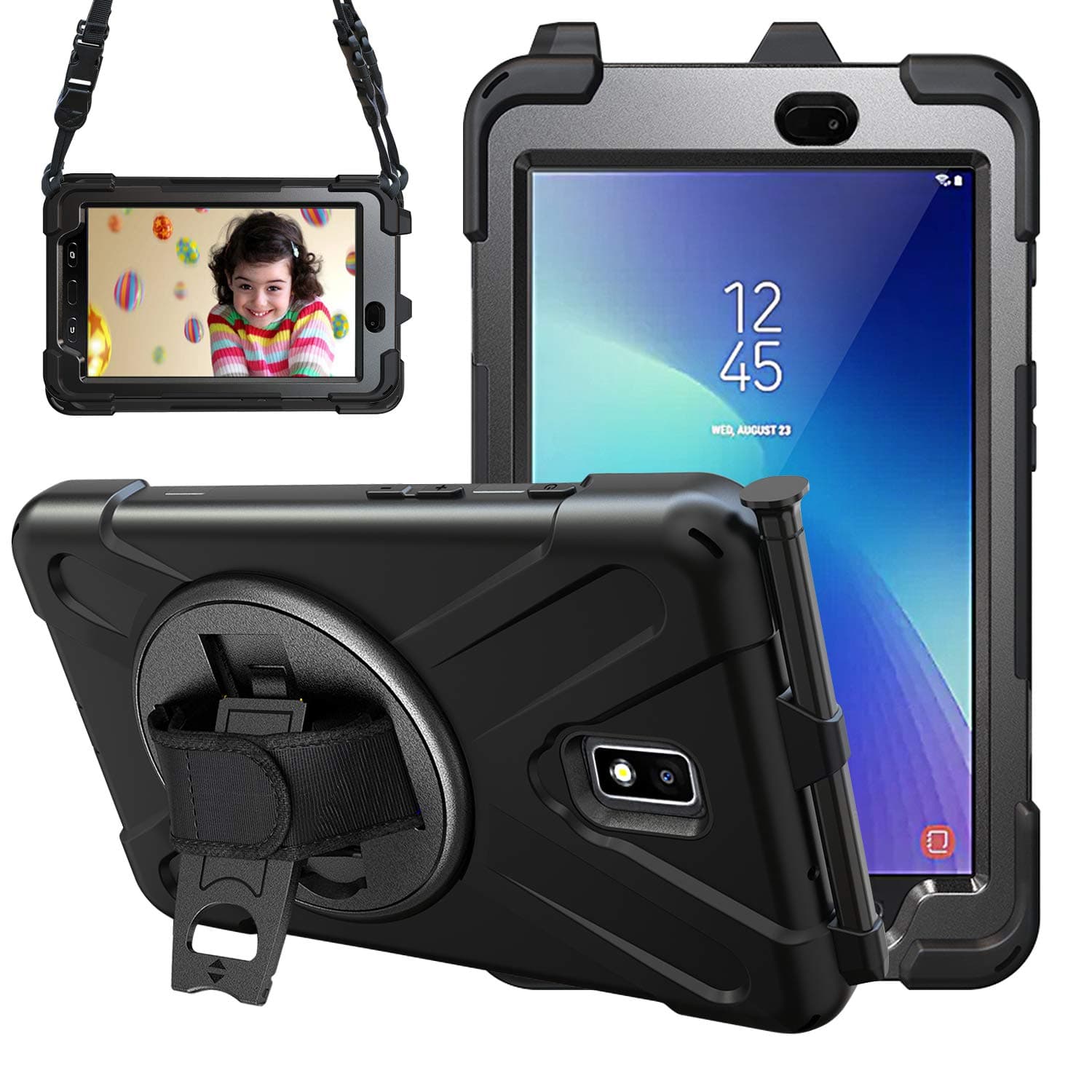 Samsung Galaxy Tab Active 2 T390/T395/T397 Case Heavy Duty Shockproof Rugged Tough Case with Pen Holder, Rotating Stand and Hand/Carry Strap Protective Cover for Samsung T390/T395/T397,Black