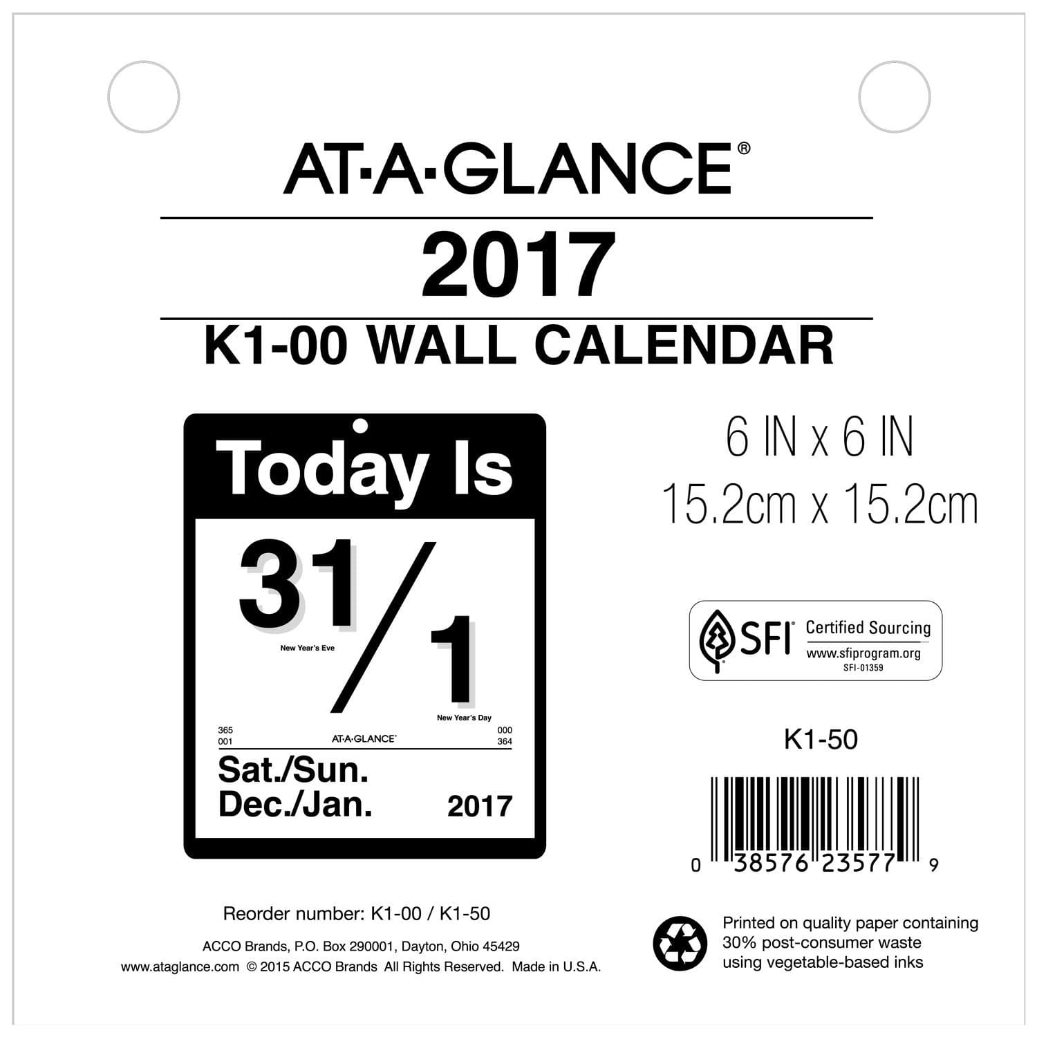 AT-A-GLANCE Wall Calendar Refill 2017, Today Is, Daily, 6 x 6", Refill for K1 (K1-50)
