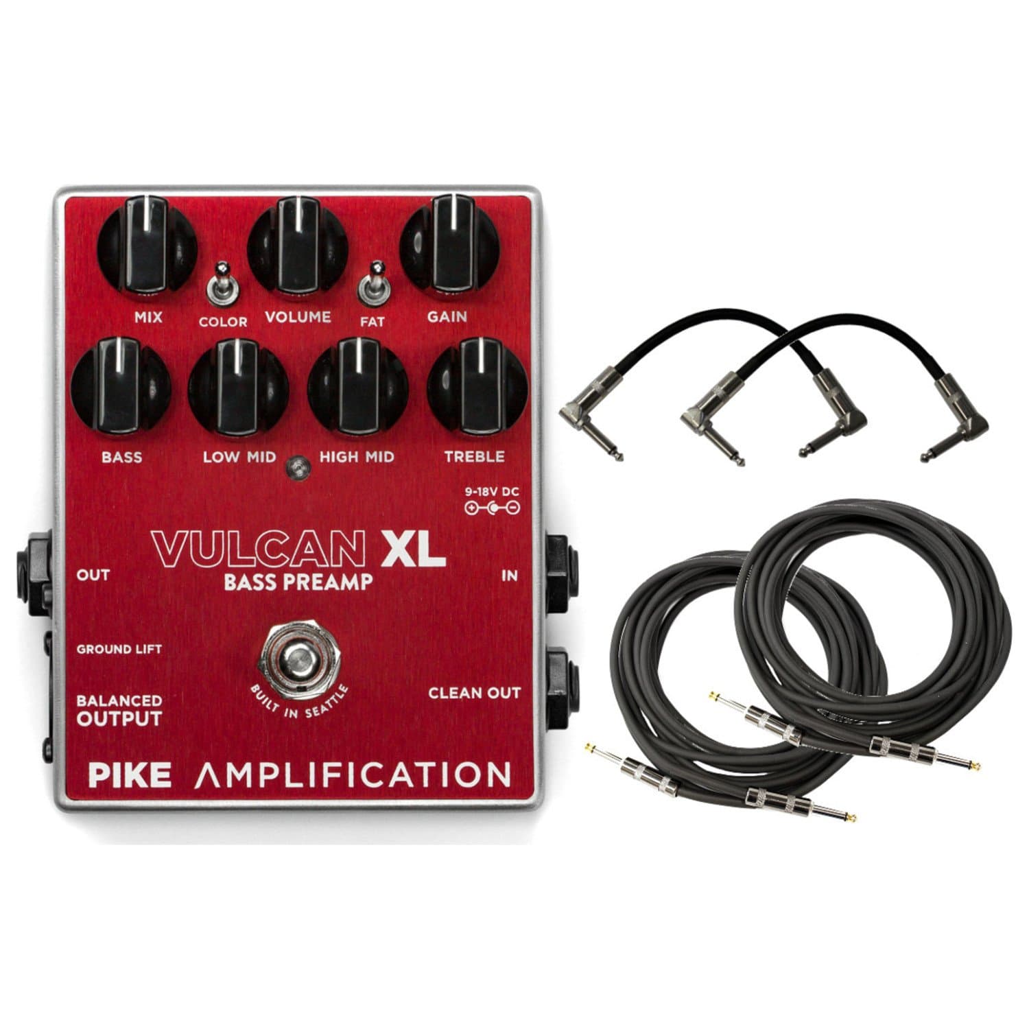 Pike Amplification Vulcan XL Bass Overdrive/Distortion Preamp Pedal with 4 Cables