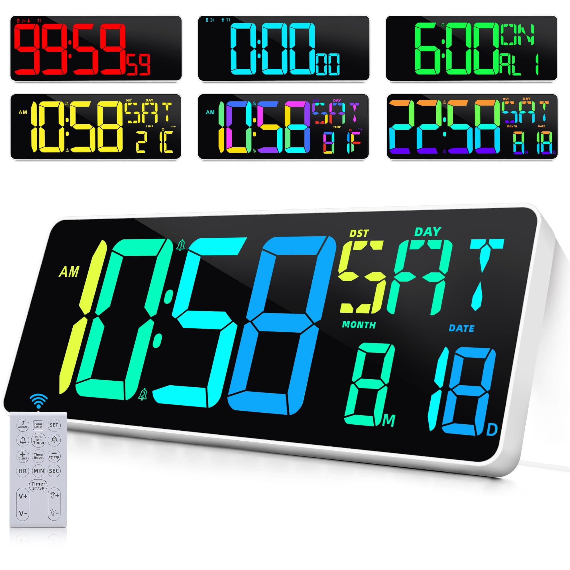 Large Digital Wall Clock Timer 13.5" Large Display Available In 11 Color Modes LED Wall Clock with Temperature Day of the Week Clock Auto-Dimming for Home Gym Office 2 Groups Alarm 25 Music Ringtones