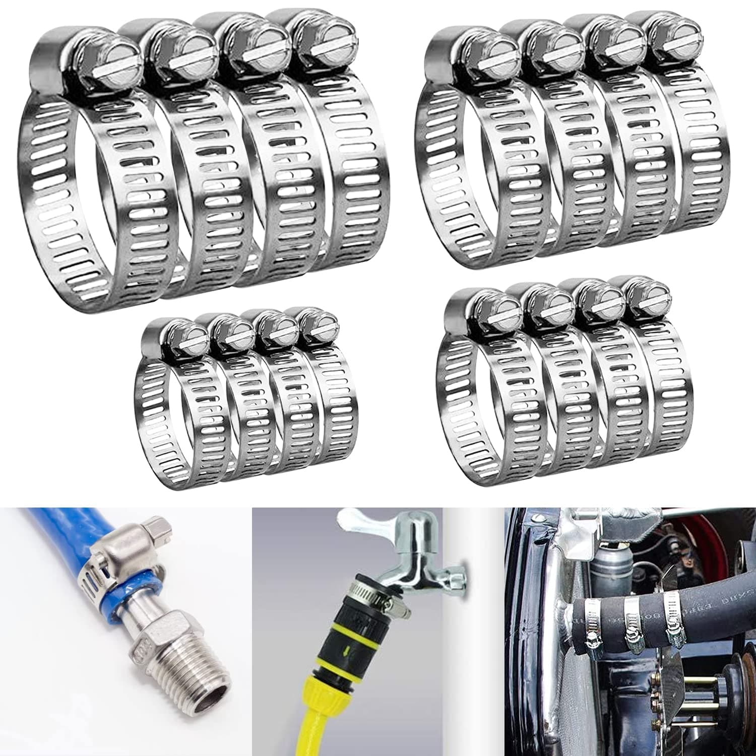 16 PCS Hose Clamps, 304 Stainless Steel Hose Clips Handle Adjustable 6-29mm Range 4 Sizes Pipe Clips Hose Screws Clamps Assorted for Water/Automobile/Gas Pipe