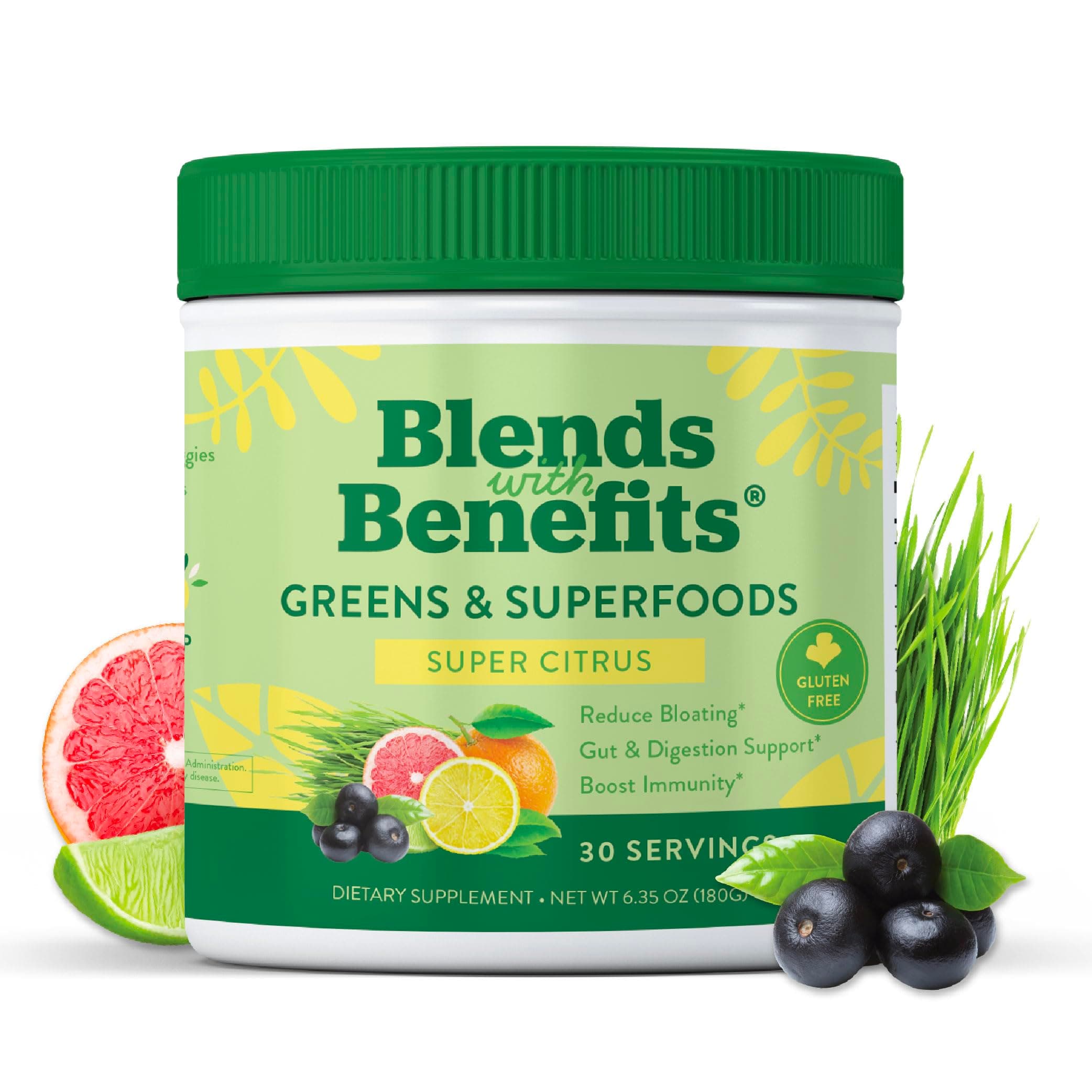 Blends with Benefits Super Greens Powder w/Probiotics, Digestive Enzymes, Sugar & Gluten Free, Plant Based Superfood Drink Mix for Gut Health, Bloating, Immunity, Overall Health, 6.35 oz