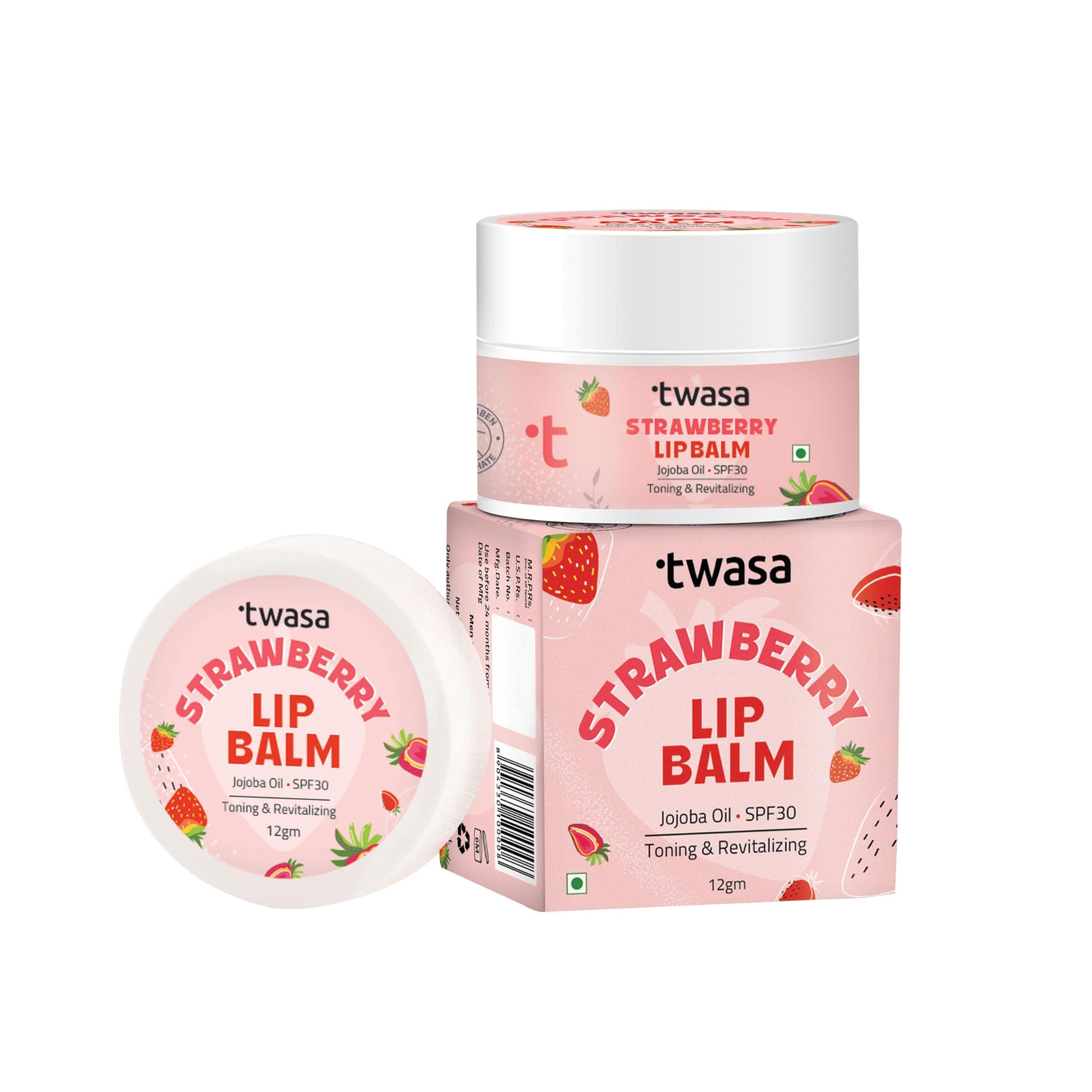 Twasa Strawberry Lip Balm with SPF 30 & Jojoba Oil For Moisturizes, Hydrates, Soothes & Protects | Lipbalm for Dry & Dark Lips | Tonning & Revitalizing | Lip Balm for Men & Women | 12gm