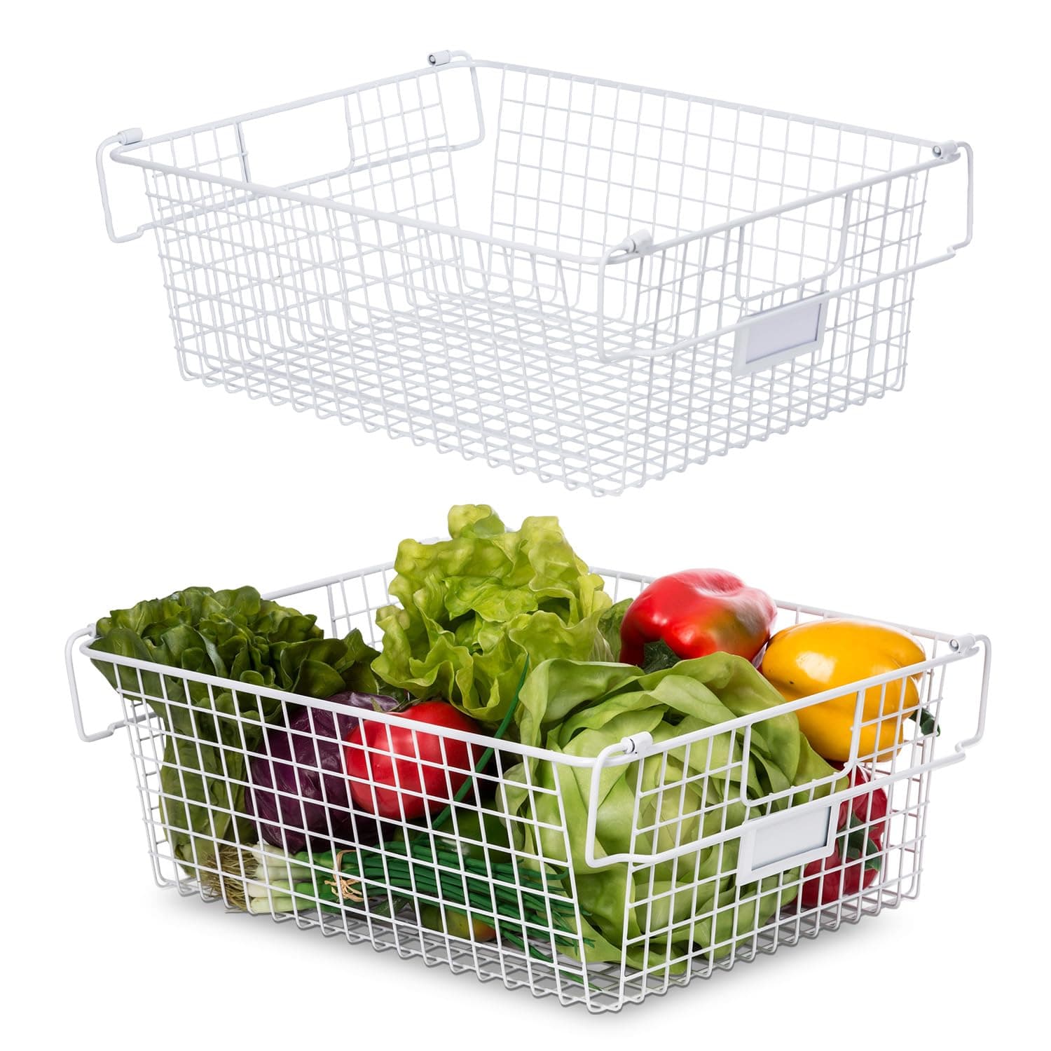Granrosi Extra Large Stackable Wire Baskets for Organizing — Set of 2 White Wire Storage Baskets with Handles; Snacks & Chips Organizer for Pantry; XL Metal Storage Bins for Pantry