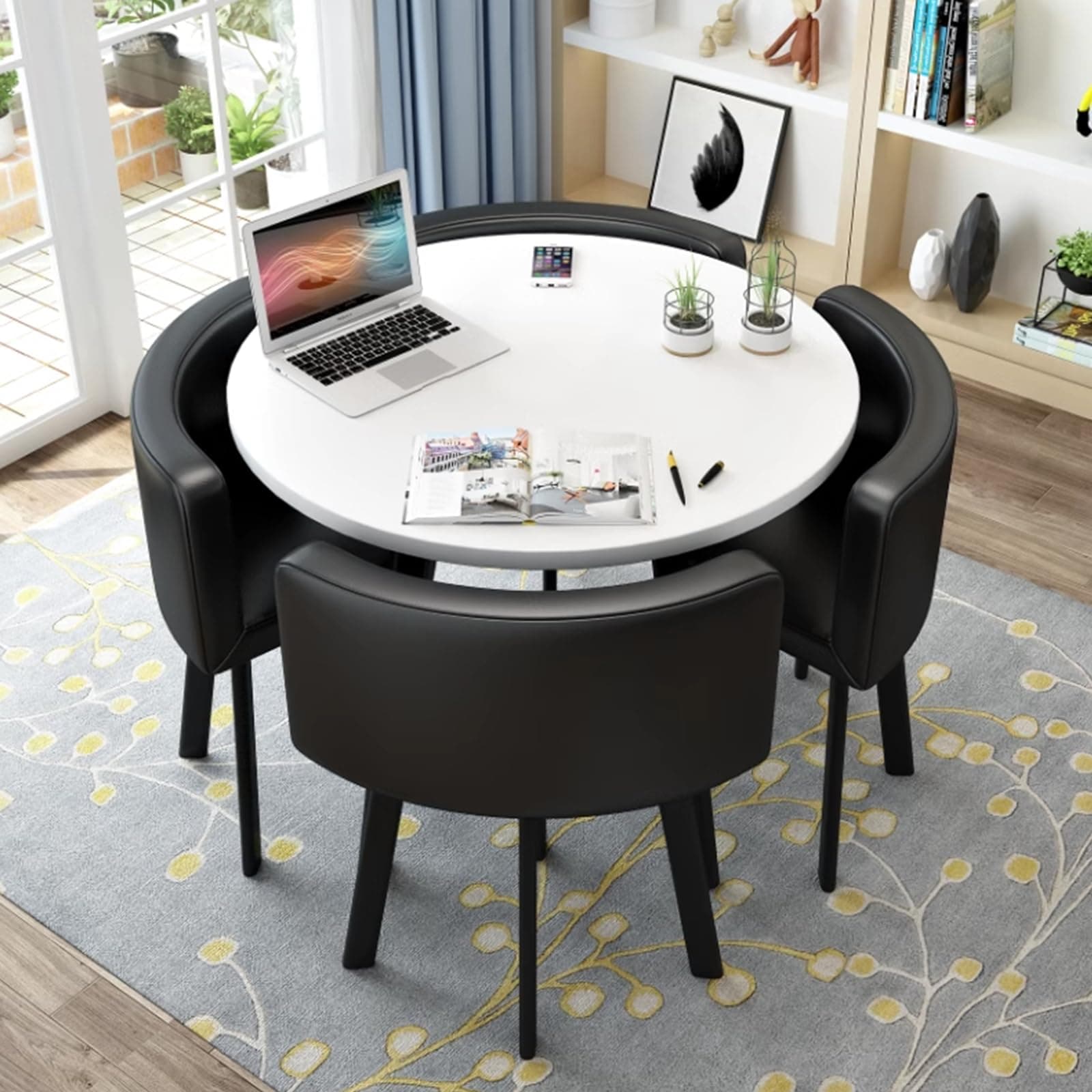 Round Kitchen Dining Table Set for 4, Space Saving Table and Chairs Set with Thick Tabletop 4 Upholstered Chairs, Dinning Room Modern Casual Coffee Table Set(D 31.5inch/80cm, PU BlackA)
