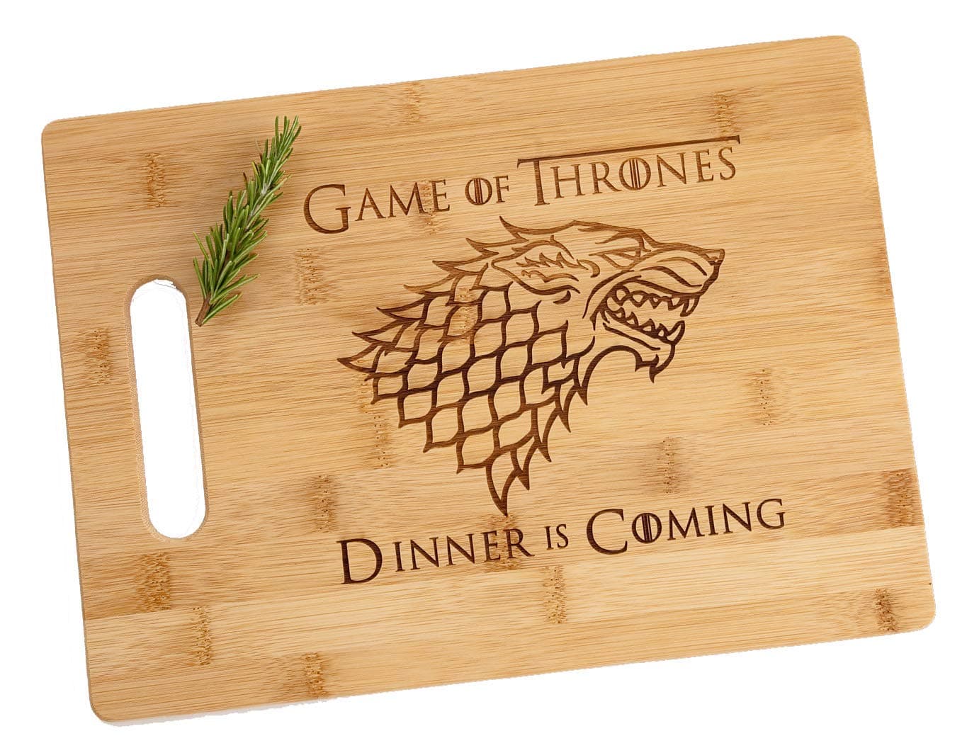 Game of Thrones Dinner is Coming Laser Engraved Bamboo Wood Cutting Board with Handle 9.5 x 13" Funny Gift House Stark