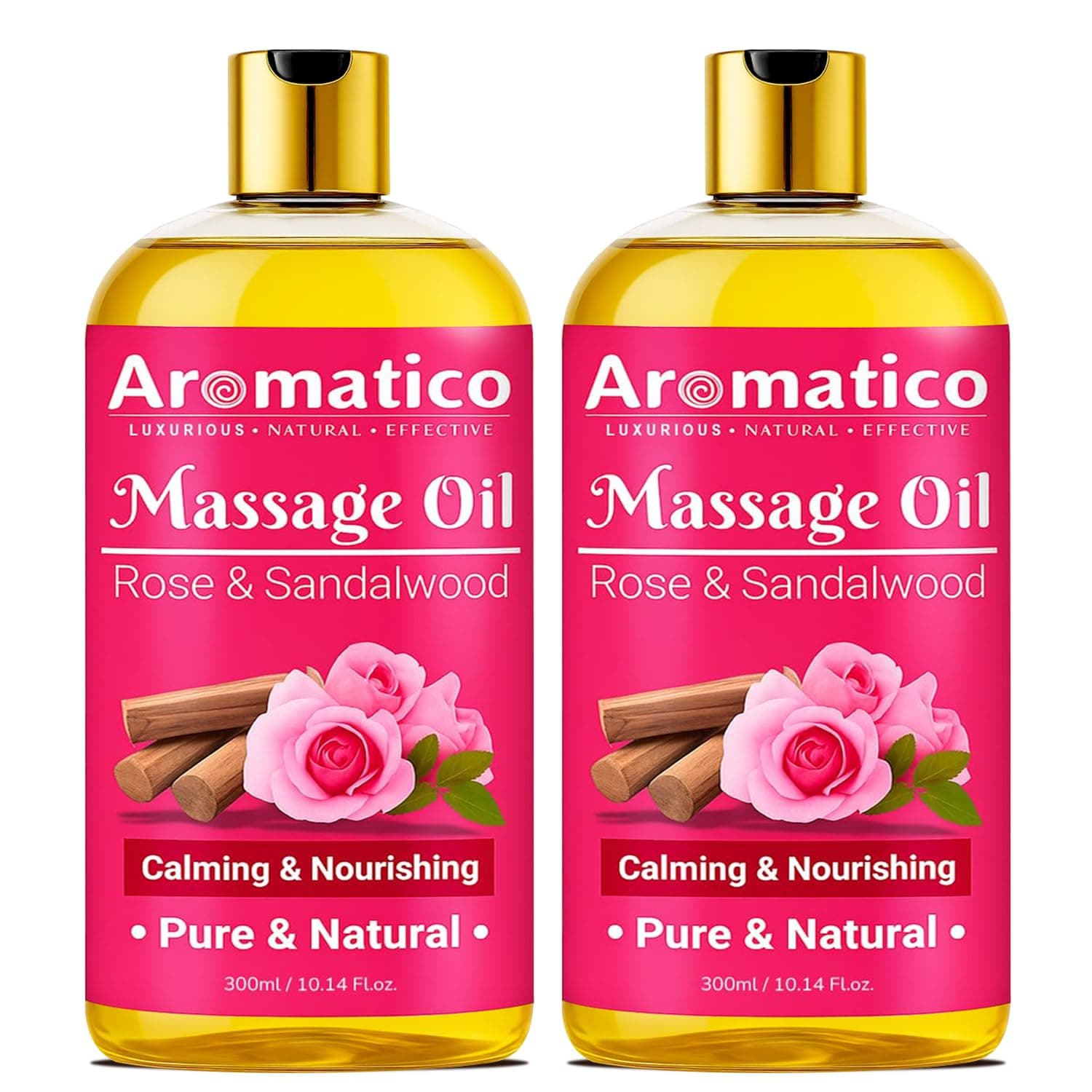 AROMATICO Rose Sandalwood Massage Oil Pack of 2. For Mood Upliftment, Soothing Aroma, Muscle Relaxation & Skin Nourishment, 100% Natural, Non-Sticky - 300ml.