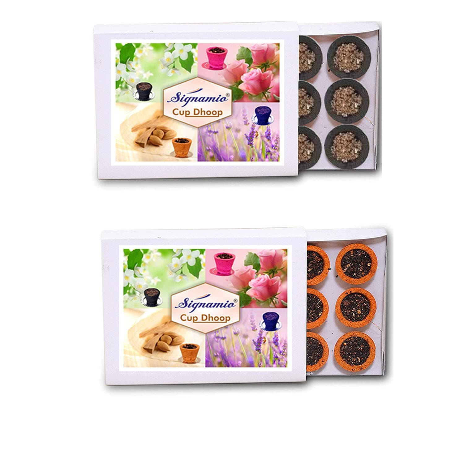 SIGNAMIO® Cup Dhoop with Burner Plate for Pooja, Meditation and Spiritual Events of Multi-Flavor Combo SAMBRANI LOBAN | Sandal(Chandan) | - Pack of 24