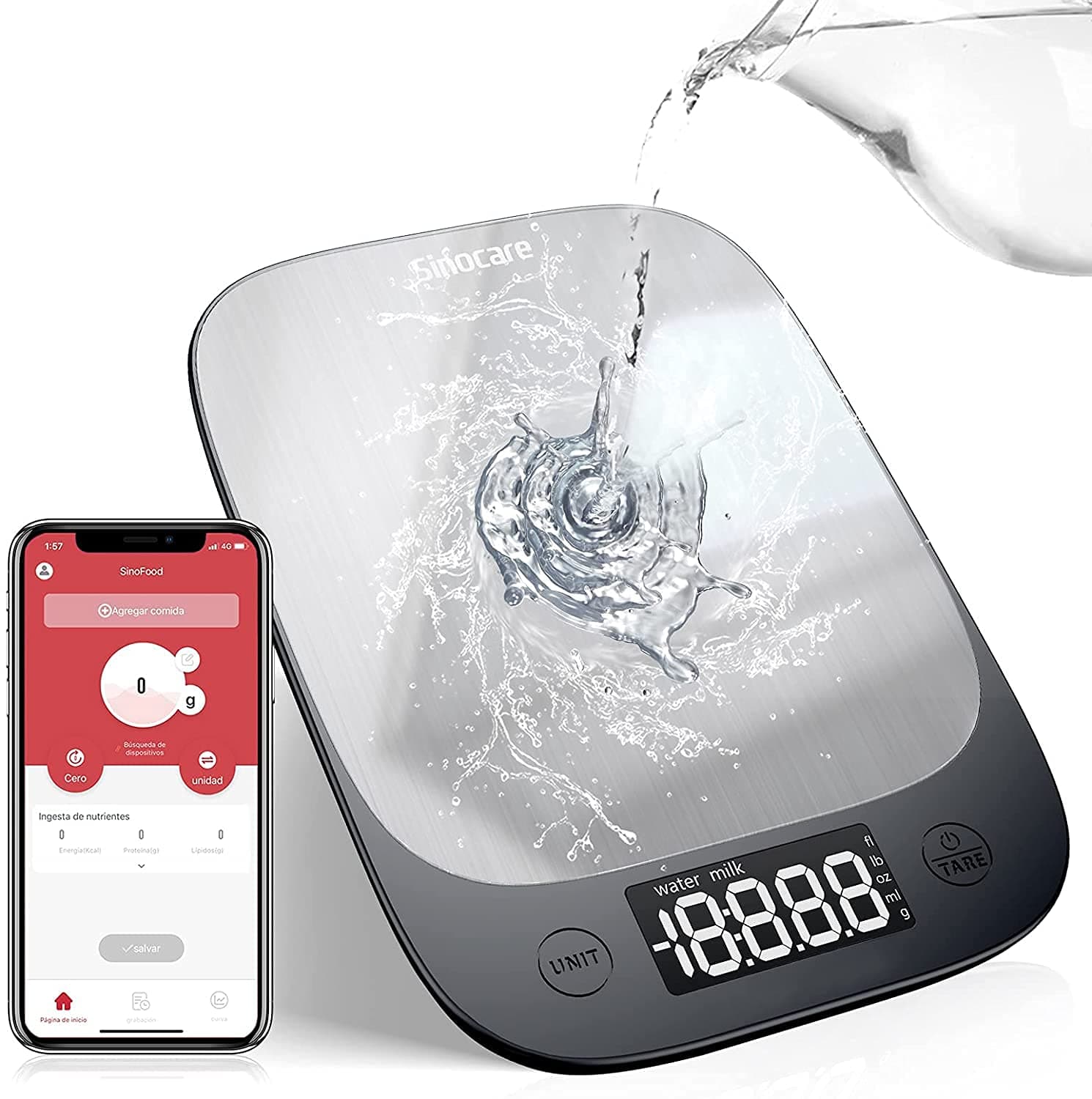 Sinocare Digital Food Scale, Kitchen Scale for Baking, Cooking and Coffee with Smartphone App, Backlight LCD Display ，Silver, Stainless Steel