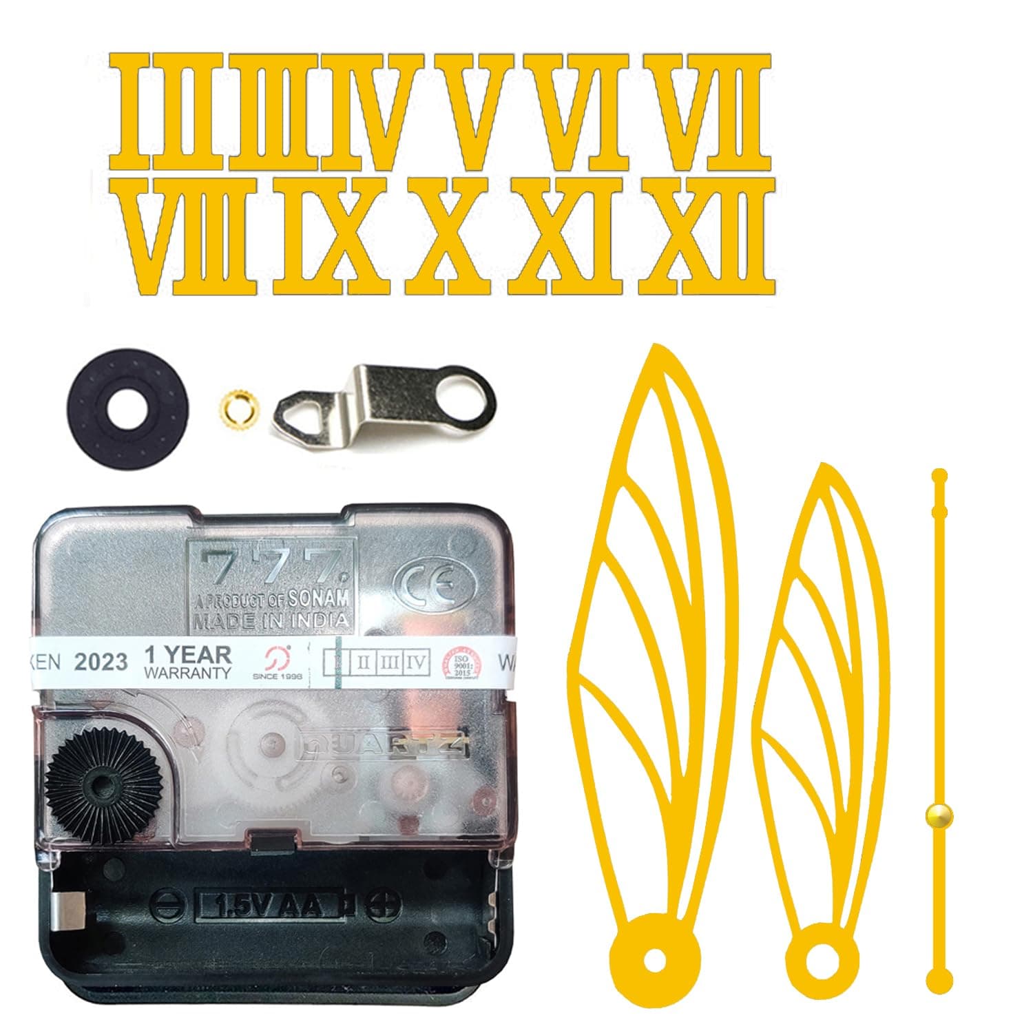 YOPY® Roman & English12 Pcs Arabic Mirrored Acrylic Numerals Movement Machine 22mm for Wood Resin Marble Clock Fancy Butterfly Hands Needle (Gold)