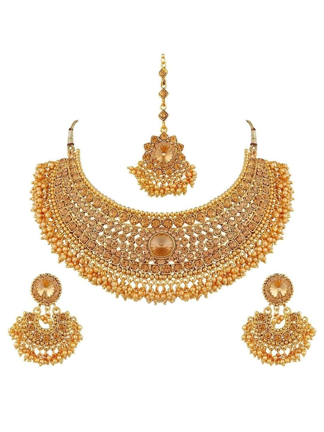 Indian Jewelry Sets for Women Bridal Jewelry Bollywood Traditional Crystal Faux Pearl Wedding Choker Necklace Earrings Maang Tikka Indian Wedding Jewelry