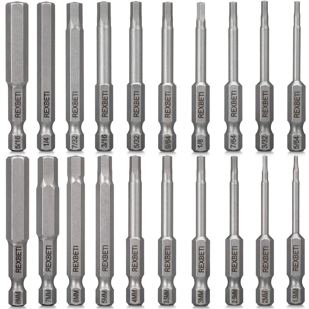 REXBETI20 Piece Hex Head Allen Wrench Screwdriver Bit Set, SAE Metric 1/4 Inch Hex Shank S2 Steel Magnetic 2.3 Inch Long Drill Bits with Storage Box