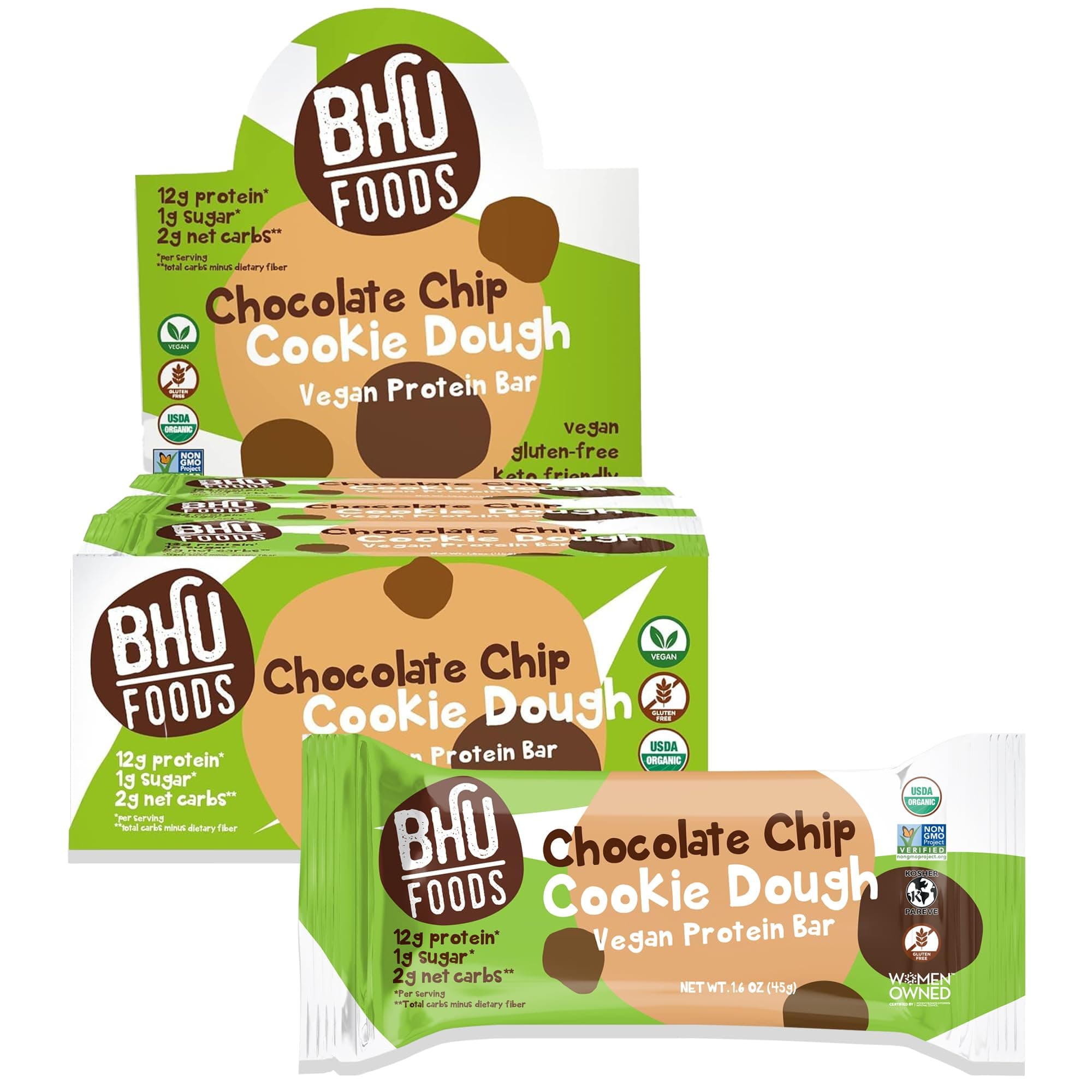 BHU Fit Protein Bars, USDA Organic Vegan Bar, Low Sugar Plant Based Keto Bars, Gluten Free Snacks Individually Wrapped, Low Carb Snack, Superfood Chocolate Chip Cookie Dough (12 Bars)