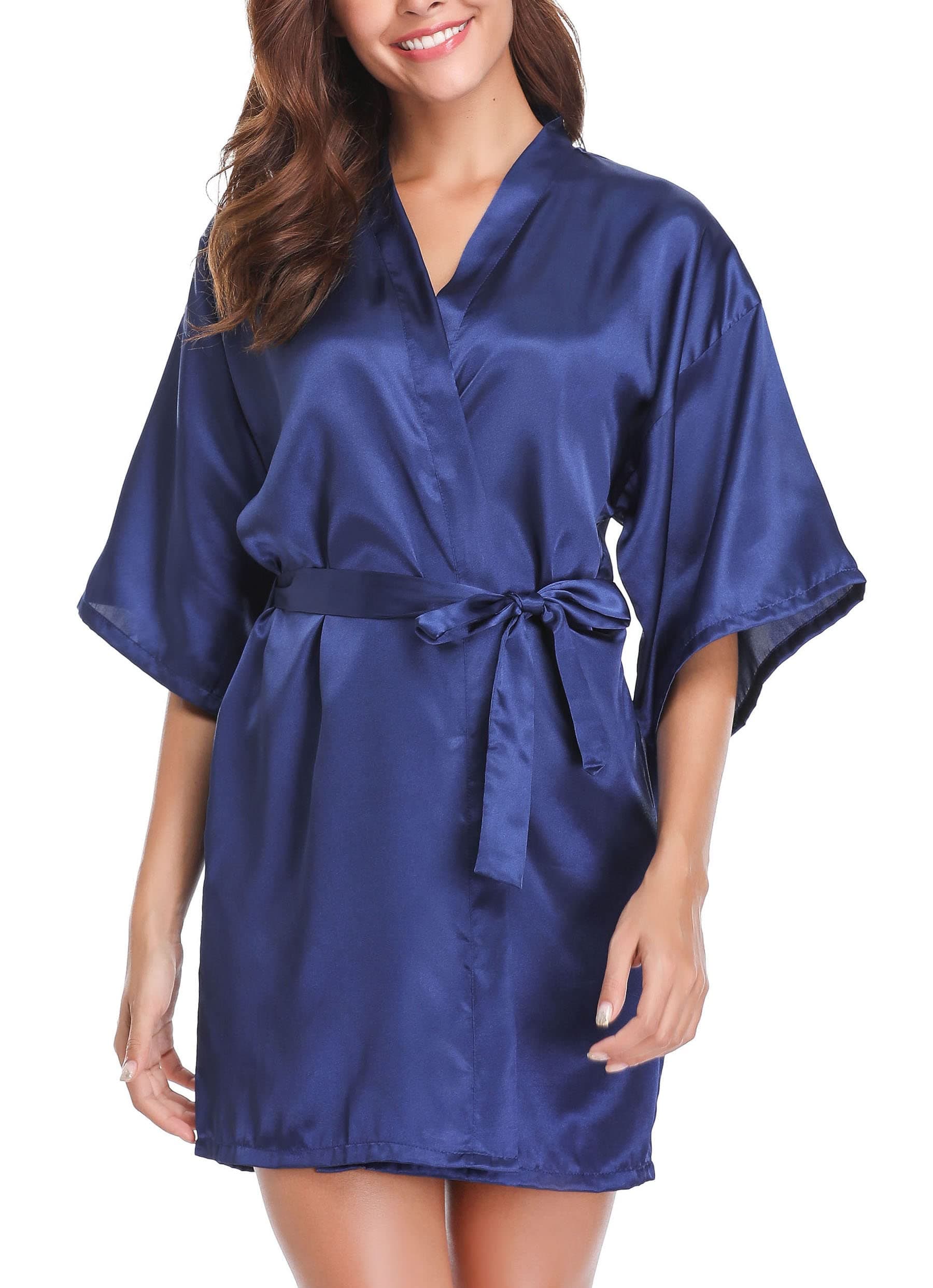 VlazomWomens Kimono Robes Dressing Gown Satin Bathrobe Nightdress Short Style Bridal Robe with Oblique V-Neck