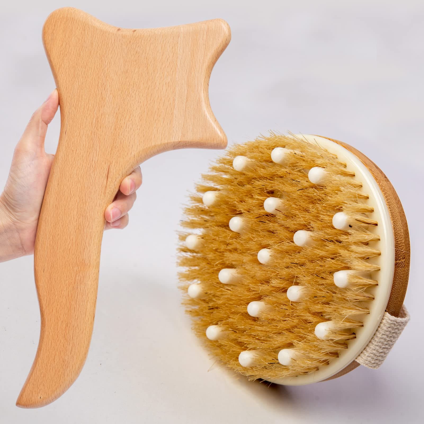 2 in 1 Kit-Wood Lymphatic Drainage Dry Brush Massage Tools Kit-Wooden Therapy Paddle, Dry Brushing Body Brush, Lymphatic Paddle, Maderoterapia Kit - Shower Brush for Body - Cellulite Brush