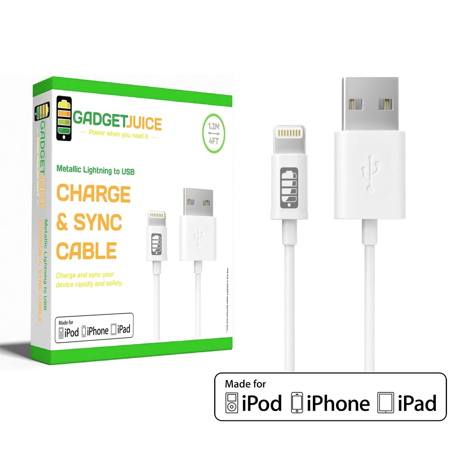 Gadget Juice [Apple MFi Certified] Lightning to USB Cable ULTRA Series Charger for iPhone 13 12 11 Pro X XS Max XR 8 7 6 Plus SE 5 iPad Air 2 Pro Mini 1.2M White