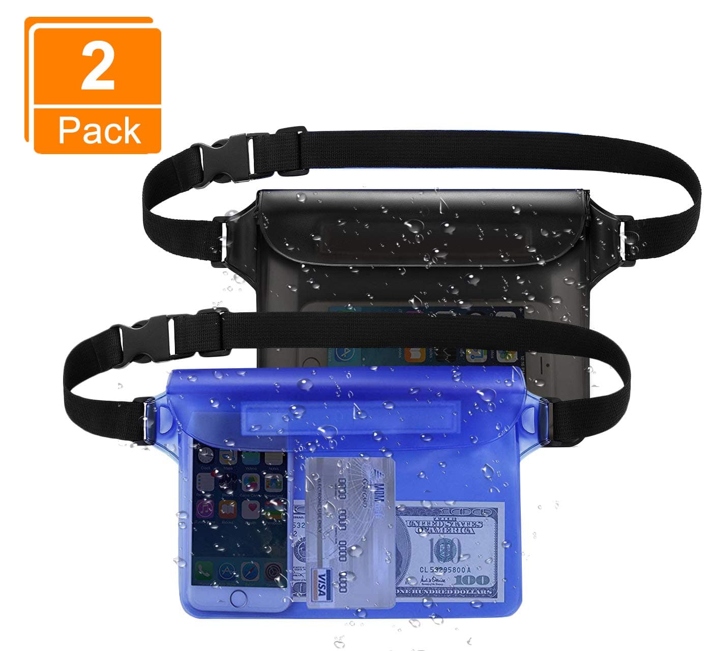 2Pack Waterproof Pouch Bag with Adjustable Waist Strap, Waterproof Waist Dry Bag Phone Case for Beach Drifting Swimming Kayaking Boating Fishing, Cash Camera Passport iPhone Waterproof Bag(Black/Blue)
