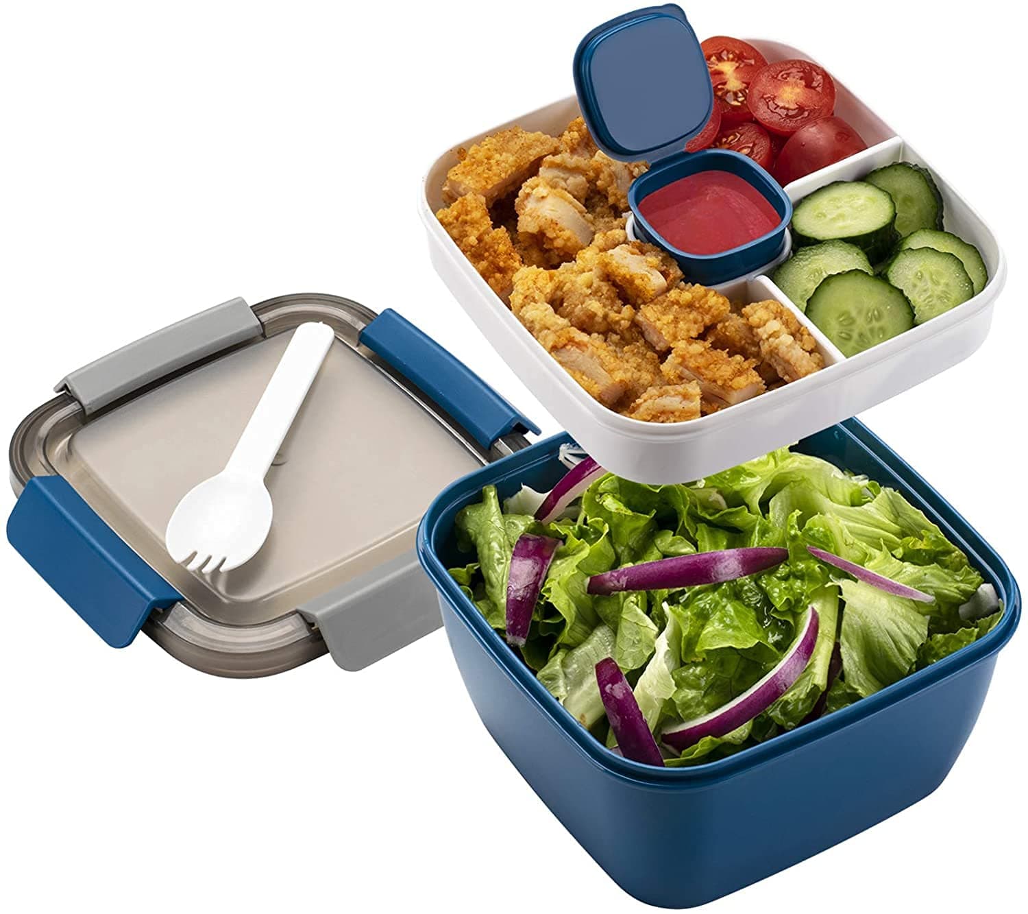 TIM Salad Lunch Container To Go, 52-oz Salad Bowls with 3 Compartments, Salad Dressings Container for Salad Toppings, Snacks, Men, Women (BLUE)
