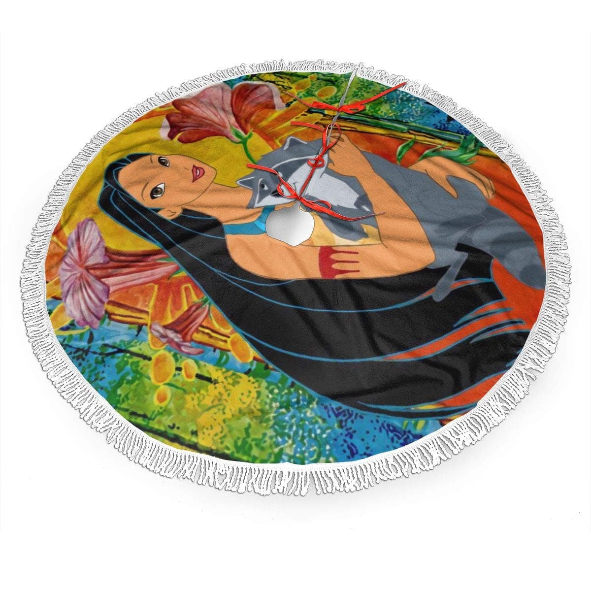 MERRYCHRIS Pocahontas and Meeko Christmas Tree Skirt Decorations Tassel Snowman Xmas Party Holiday New Year Christmas Ornaments Fringed Lace 30 Inch