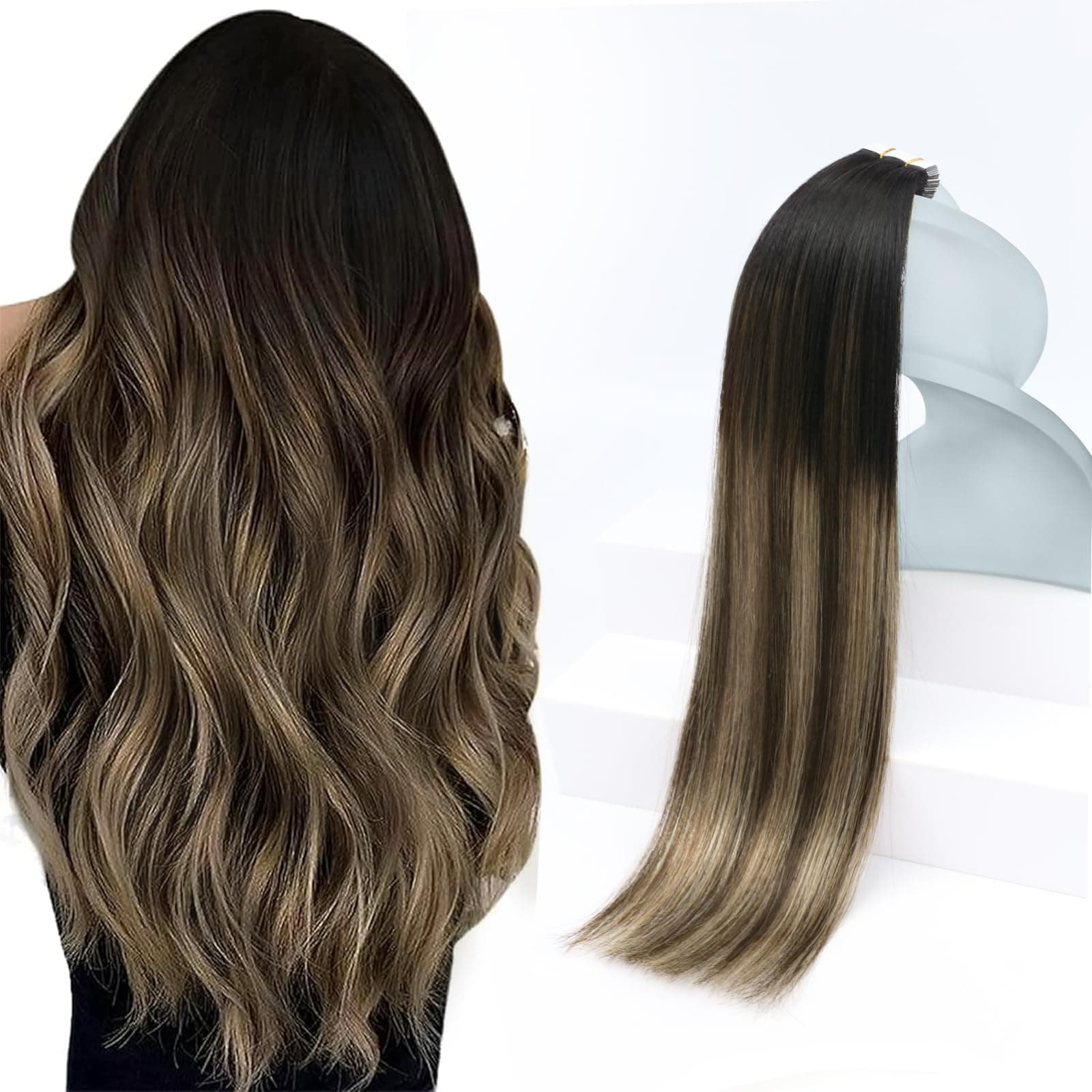 Sunny Hair Tape in Extensions Human Ombre #1B Black Fading to #4 Dark Brown Mix #18 Ash Blonde Tape Extensions Real Human Balayage 18 Inch 50g 20pcs