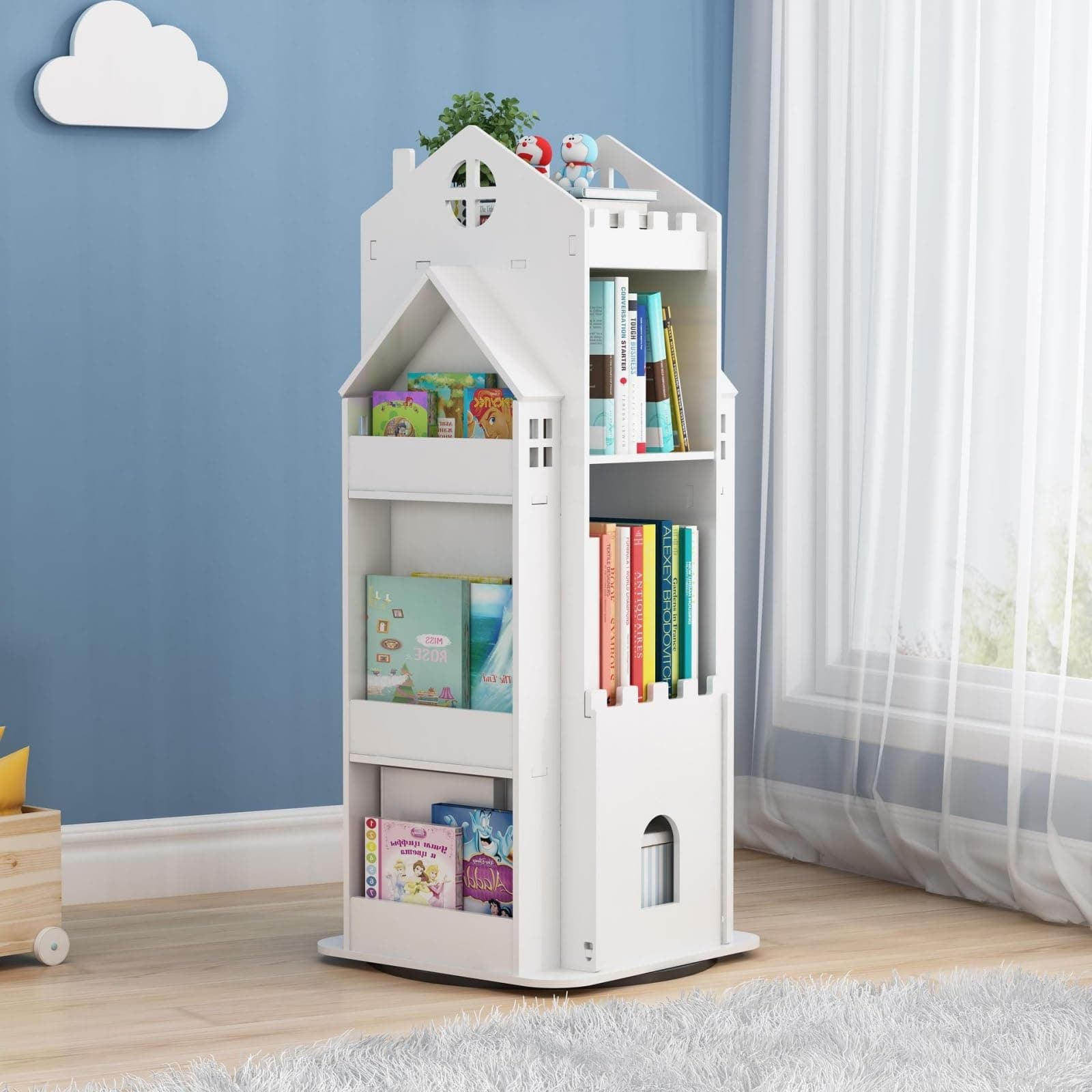 mosegor 3 Tier Kids Bookcase, Free Standing 360° Rotating Childrens Bookshelf, Wooden Spinning Bookshelf, Castle Toddler Swivel Bookcase, Multi Functional Kids Book Storage for Living Study Play Room