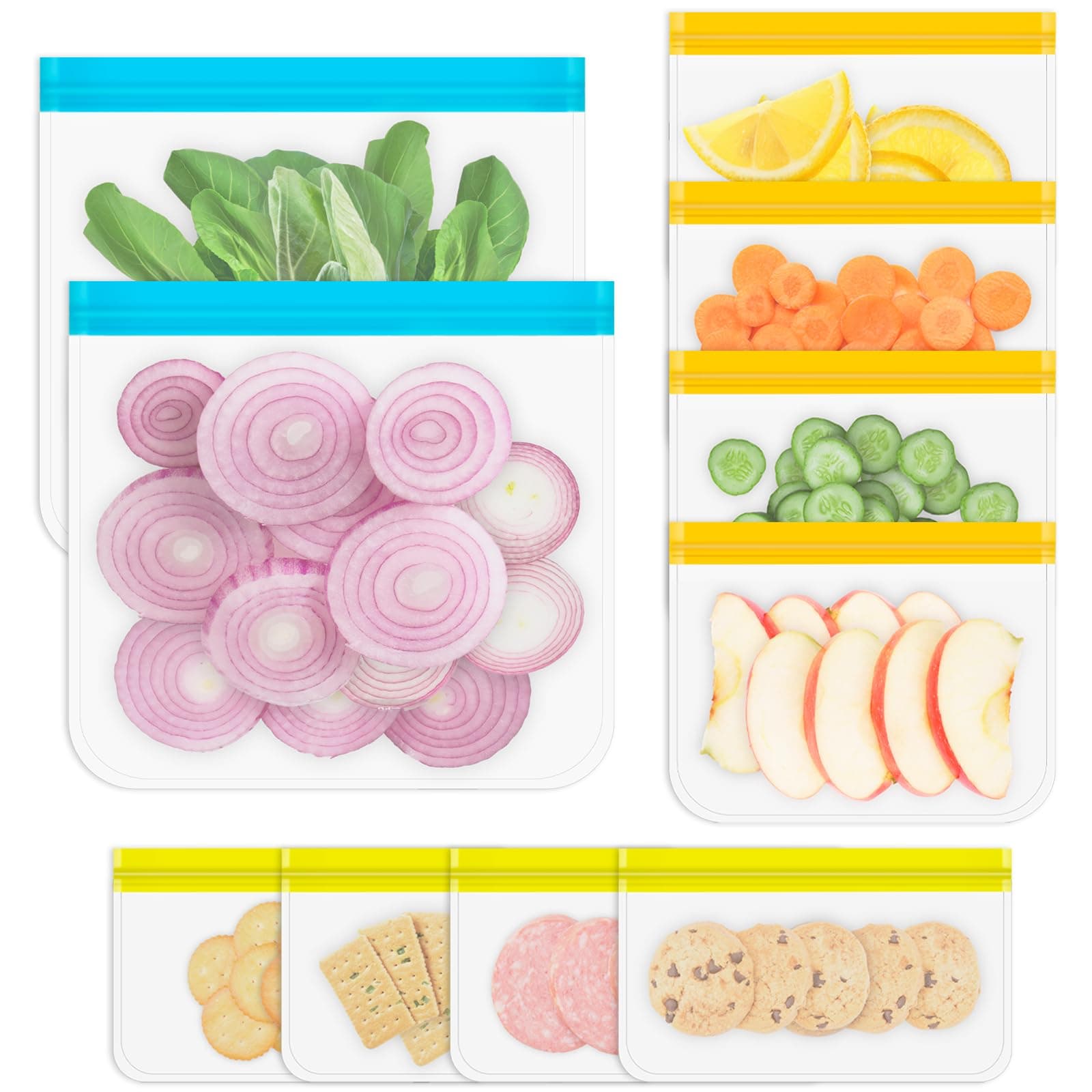 Reusable Gallon Freezer Bags, 10 Pack Dishwasher Safe Silicone Food Snack Storage Bags with 3 Sizes for Snack, Sandwich, Lunch