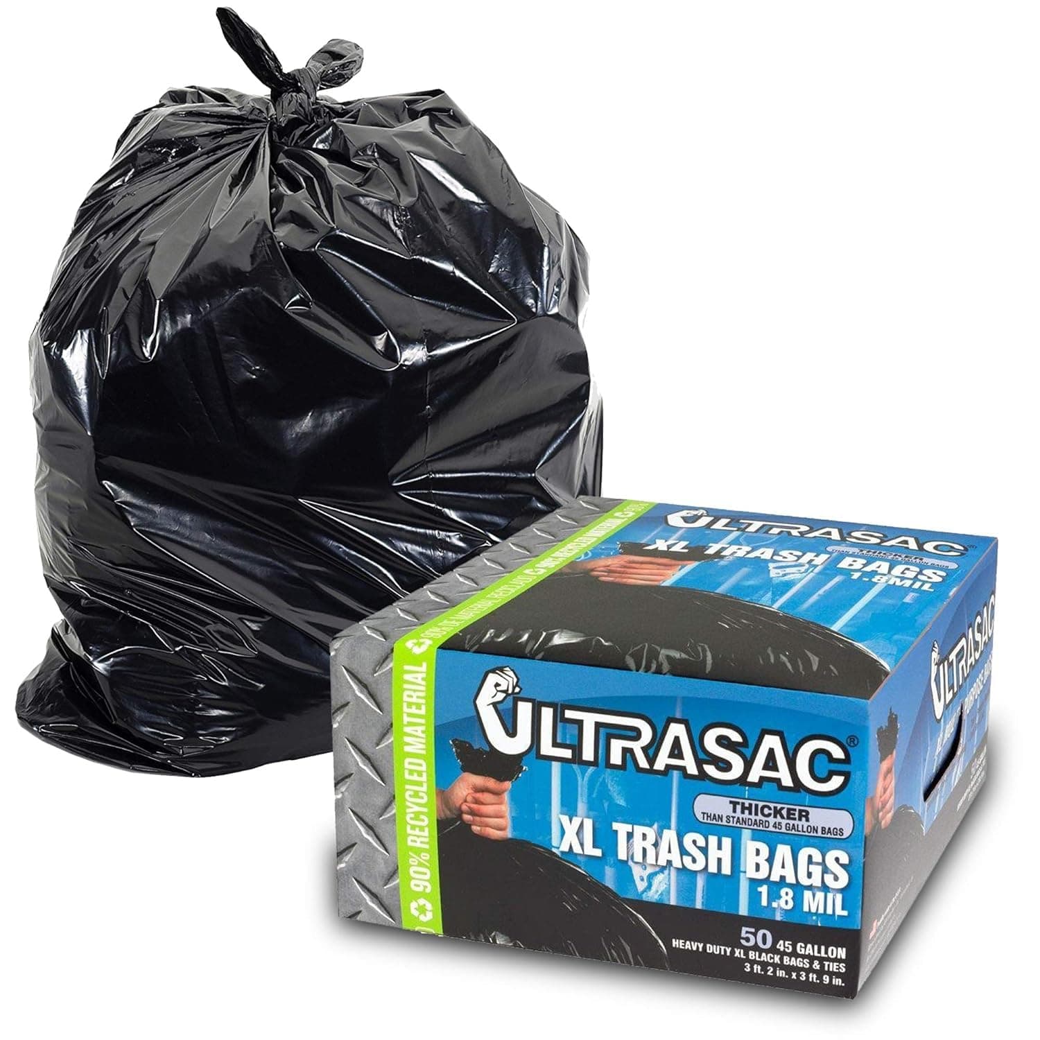 Heavy Duty 45 Gallon Trash Bags by Ultrasac - (HUGE 50 COUNT /w Ties) - 1.8 MIL - 38" x 45" - Large Black Plastic Garbage Bags for Contractor, Industrial, Home, Kitchen, Commercial, Yard, Lawn, Leaf,