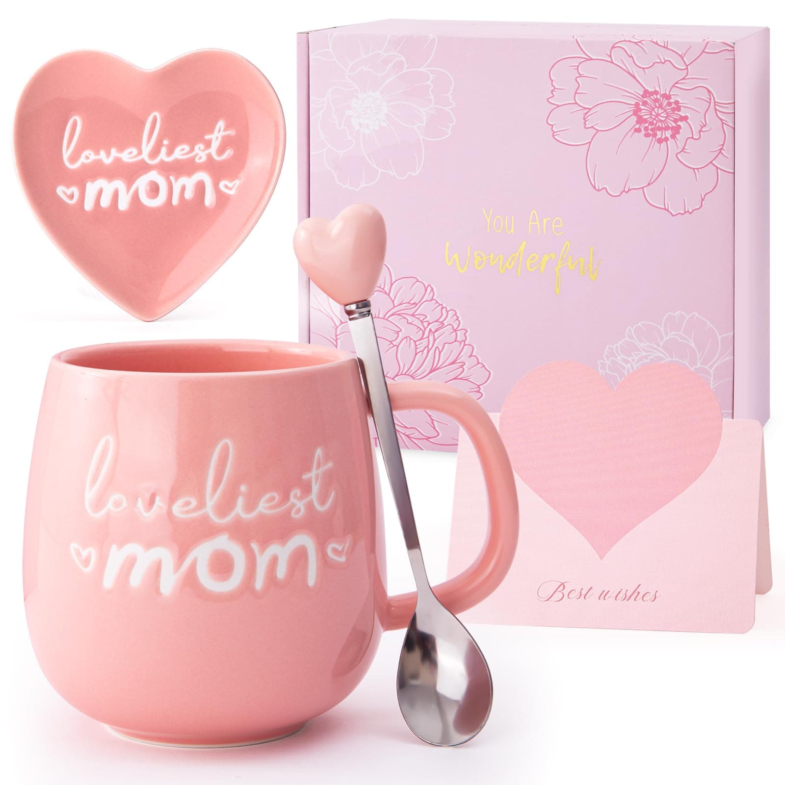 Gifts for Mom from Daughter Son, Moms Birthday Gifts - Loveliest Mom Cup - Mothers Day Coffee Mug Jewelry Dish Gift Set for Mummy Mother Personalized Useful Unique Gifts for Moms Who Have Everything