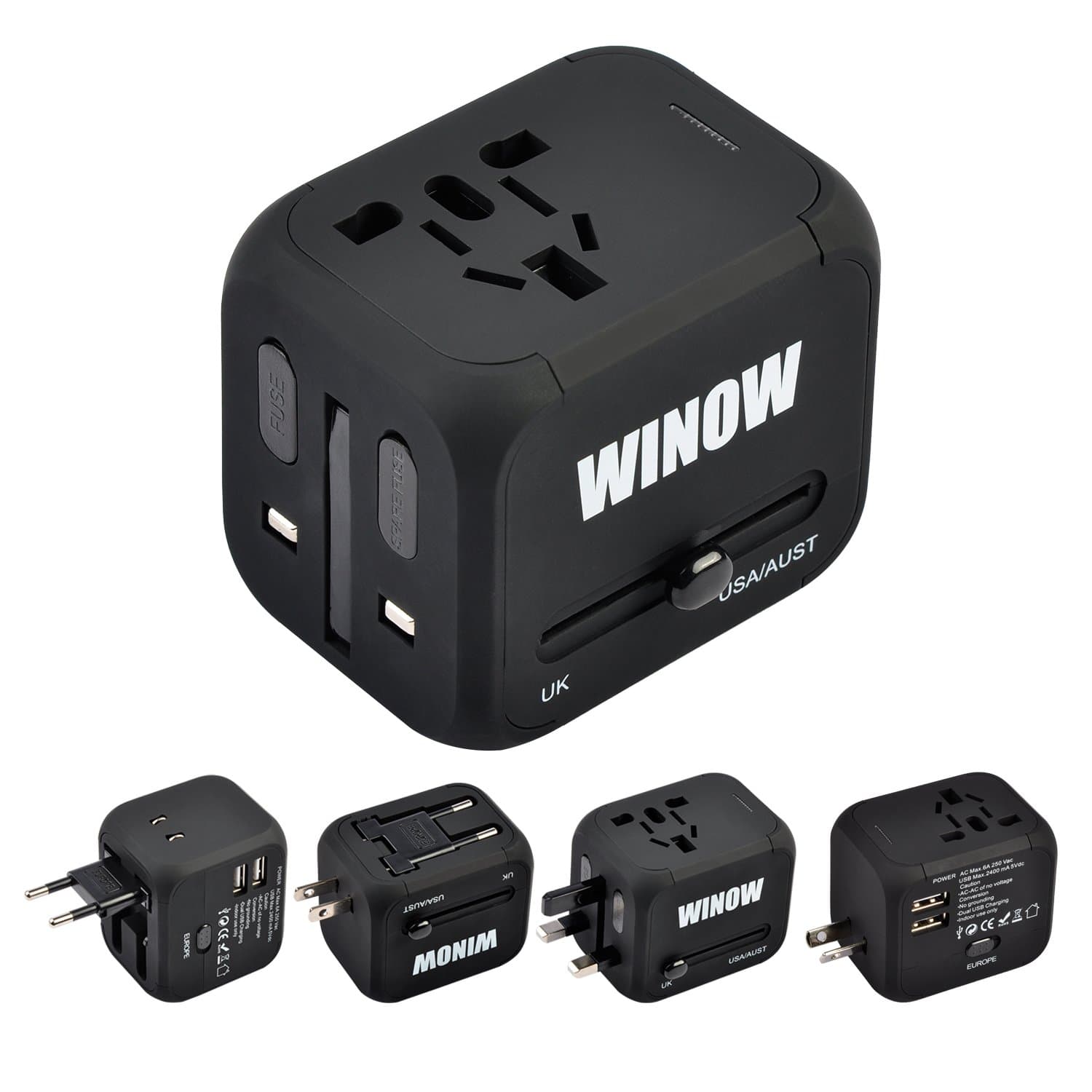 WINOW International Travel Plug Adapter, Worldwide Power AC Wall Charger with Dual USB & USA, UK, AU, EU - Great for iPhone/iPad/Laptops/Samsung/Smartphone,Spare Safty Fuse+Zipper Case (Black)