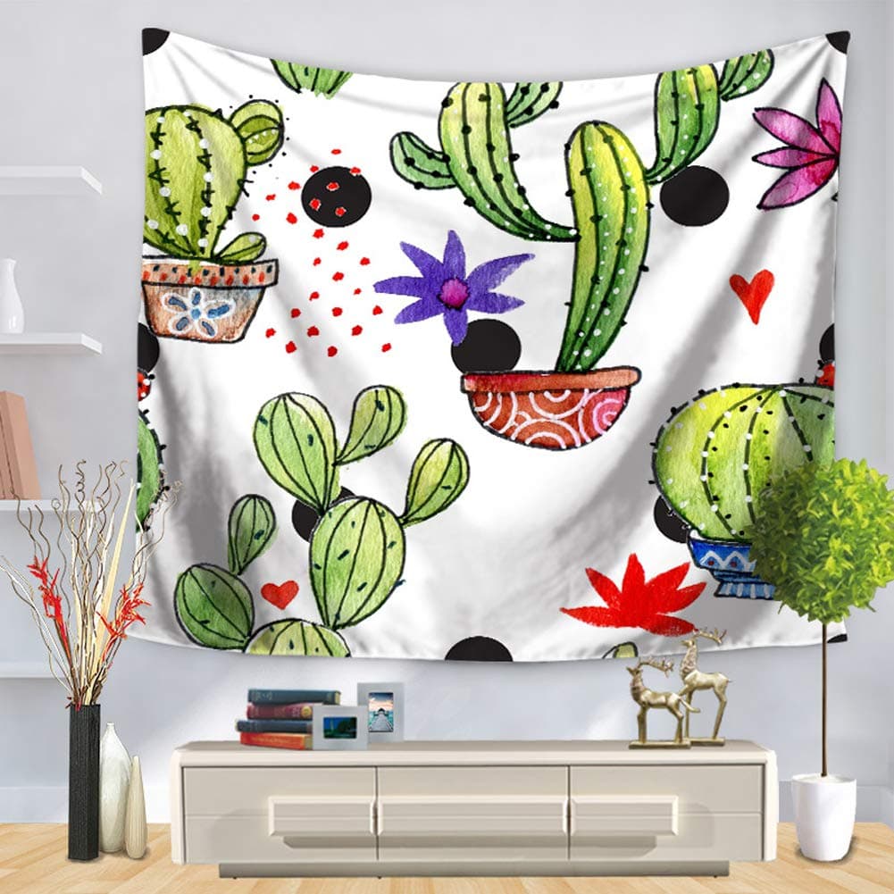 Cactus Tapestry Wall Hanging Art Home Decor, White and Green Printed Bedroom Living Room Dorm Decoration, 60x80