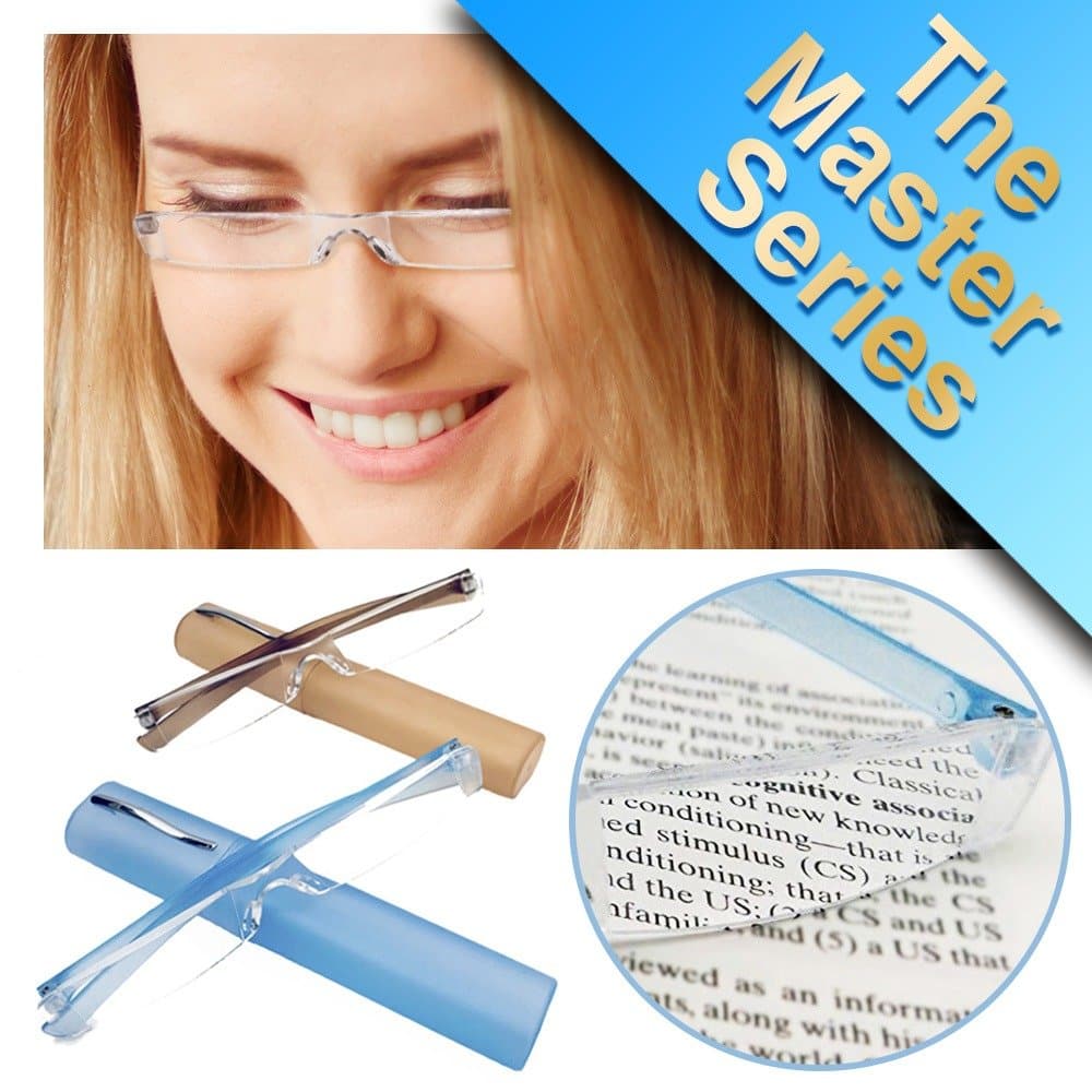 2 Pairs of Rimless Lightweight Compact Reading Glasses with Slim Pocket Clip Hard Case Gift for Her/Him