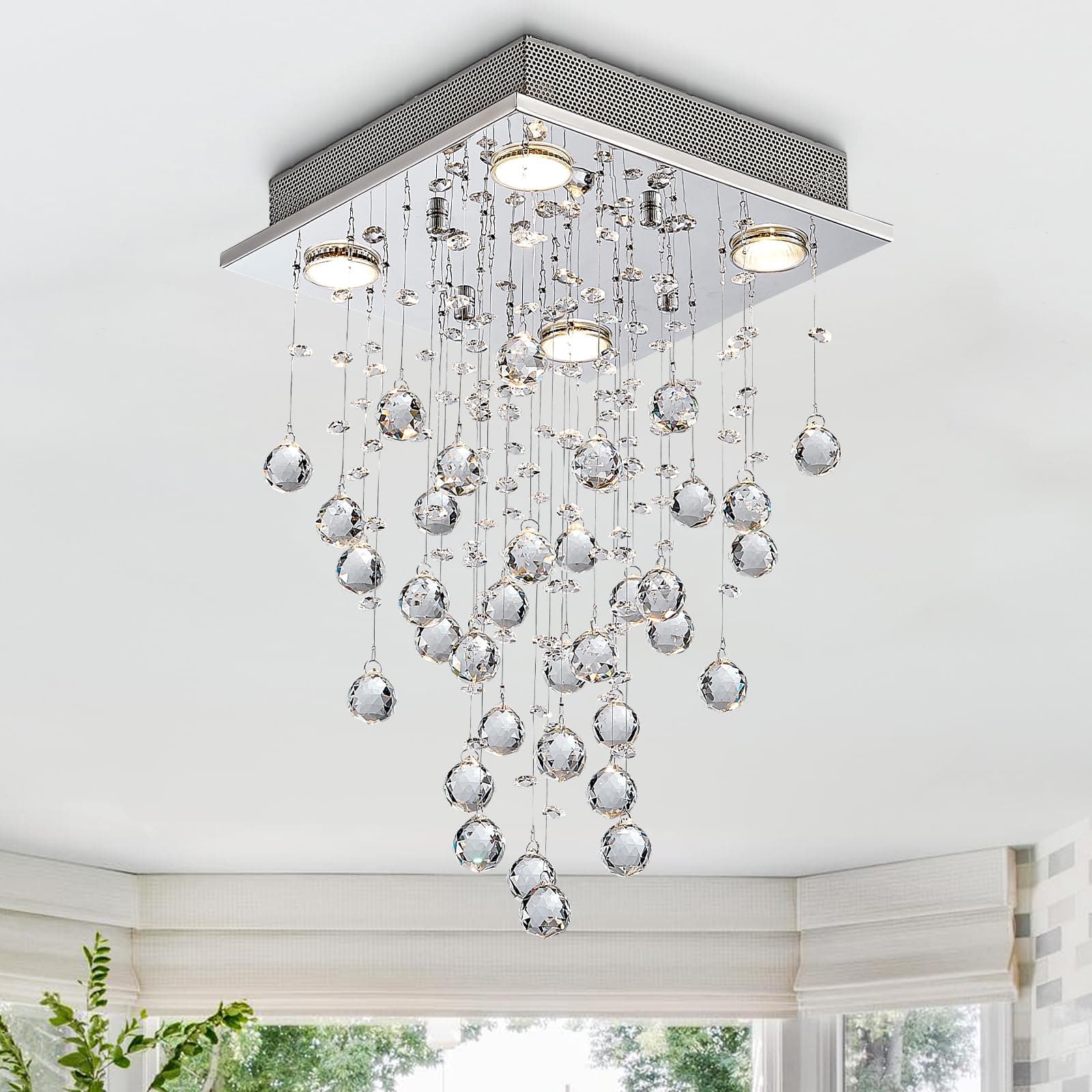 BESTIER Modern Crystal Raindrop Chandelier Lighting Flush Mount LED Ceiling Light Fixture Pendant Lamp for Dining Room Bathroom Bedroom Livingroom 4 GU10 LED Bulbs Required Width 35 cm Height 50 cm