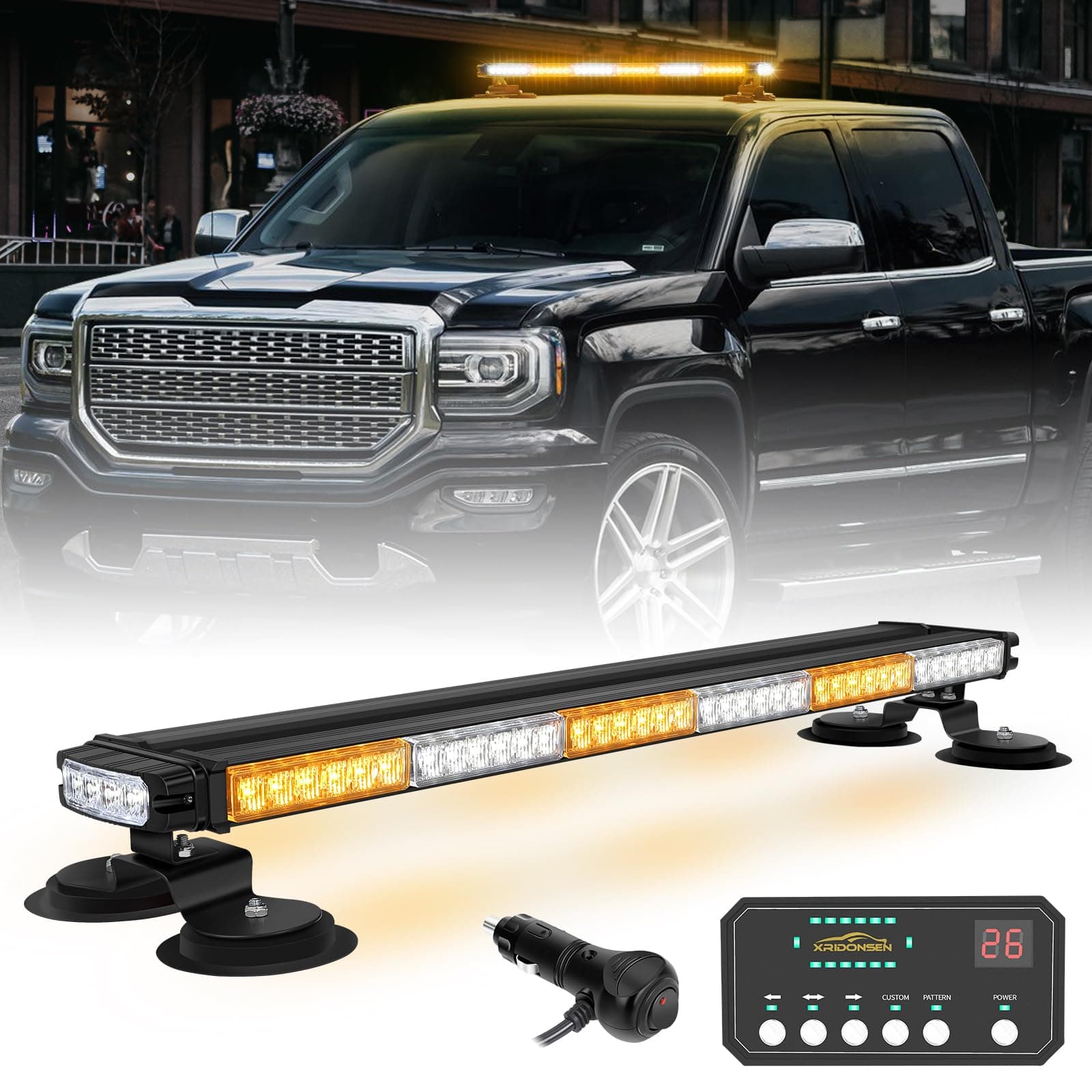 XRIDONSEN 28.4" 80 LED Roof Top Strobe Light Bar Amber White Emergency Warning Hazard Safety Double Side Traffic Advisor Lights w/Controller Magnetic Base for Plow Trucks Construction Vehicles Wrecker