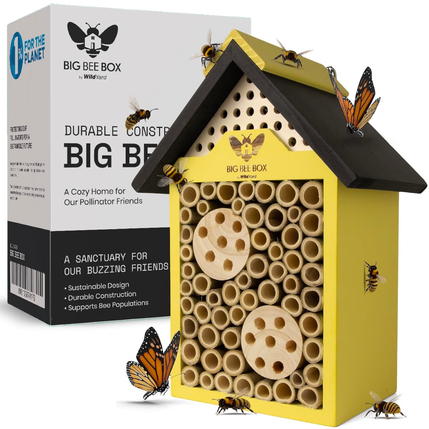 WildYard Bee House - Yellow, Modern Wood - Weather-Resistant Refuge & Solitary Bee House - Easy-Mount Design & Bug Hotel with Removable Tubes - Modular Nesting Tubes & Pollinator Hotel Appeal