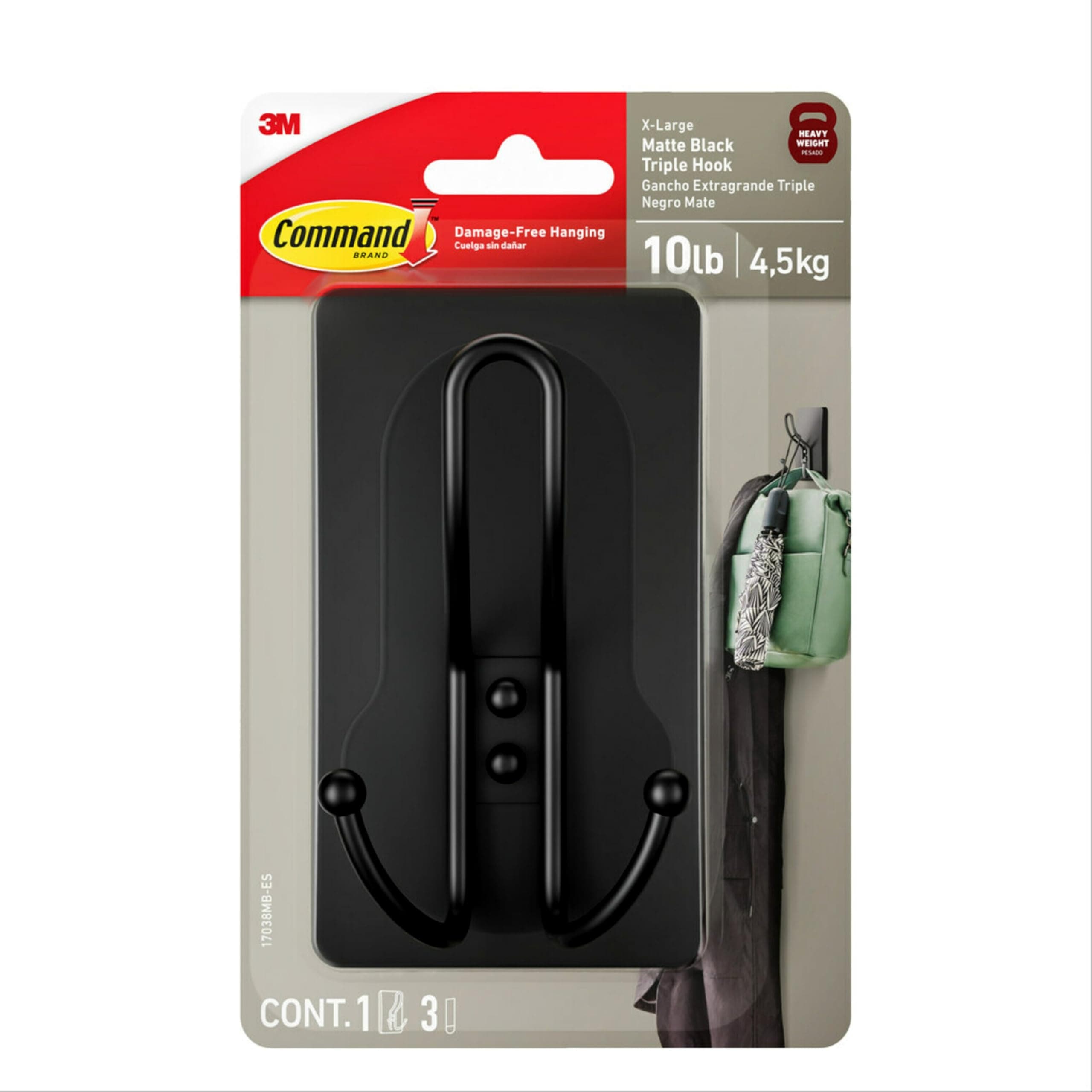 Command X-Large Matte Black Triple Hook, 1 Hook, 3 Strips, Damage-Free Hanging with Adhesive Strips, No Tools Wall Hook for Hanging Decorations in Living Spaces