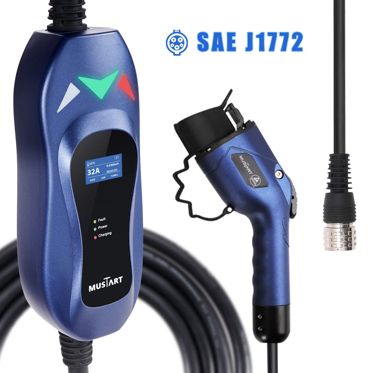 MUSTART TRAVELMASTER Level 2 Portable Electric Vehicle (EV) Charger, Intelligent Plug Identification Auto-Adjusts Maximum Safe Current 15A/25A/32A Plug-in Charging Station (21.5 ft, 2-Gen)