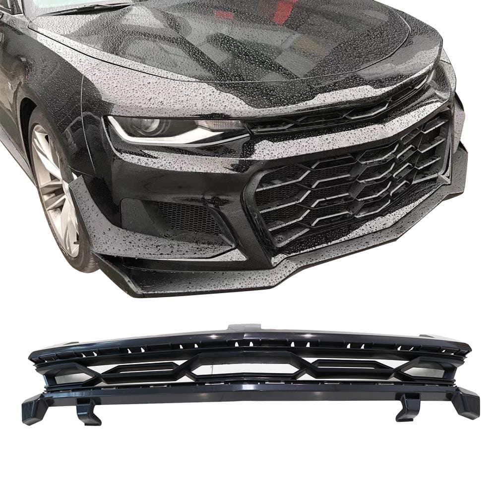 IKON MOTORSPORTS Front Upper Grille, Compatible with 2016-2024 Chevy Camaro, ZL1 1LE Style Black PP Replacement Front Bumper Grill