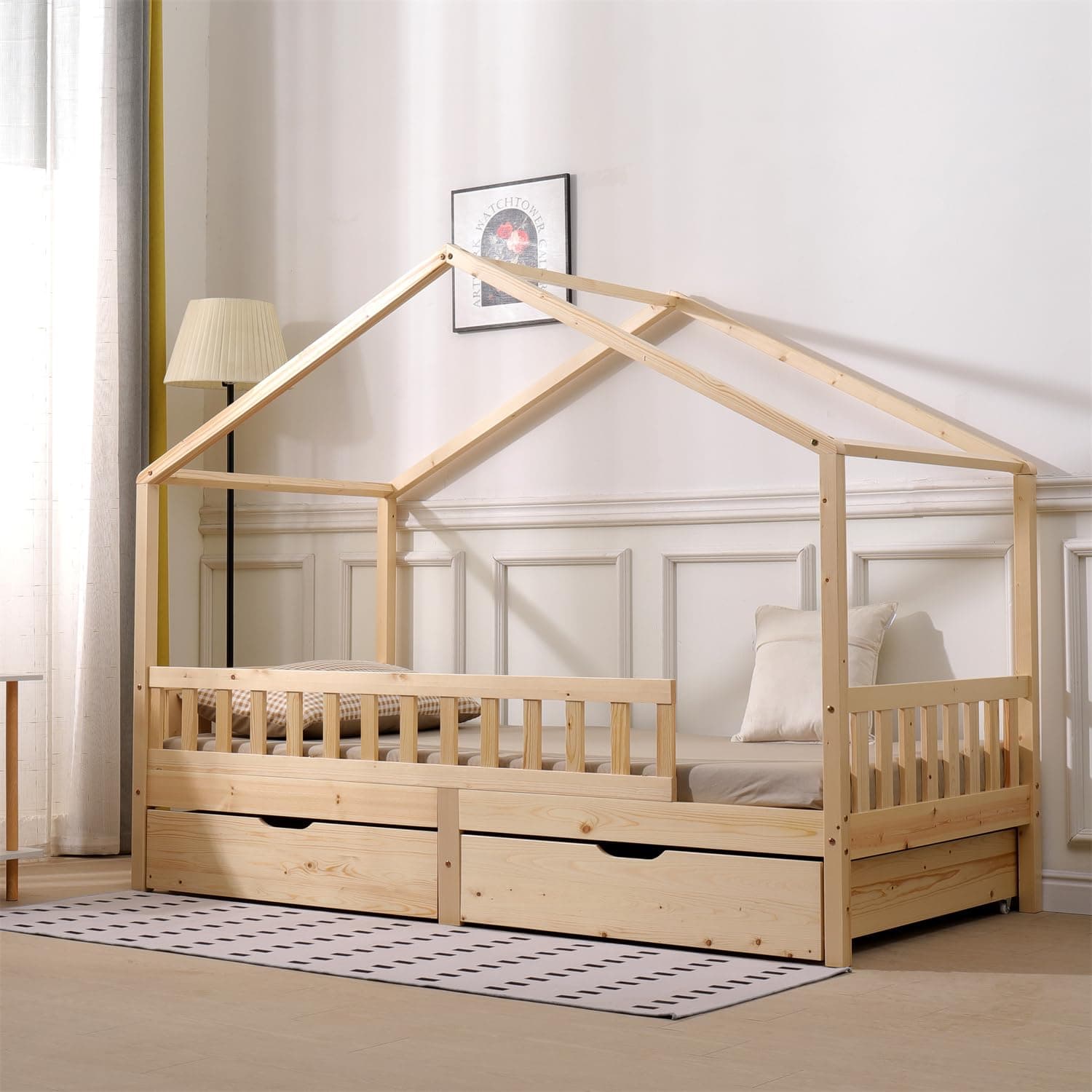 3FT Solid Wood Kids Bed Single Bed Frame with 2 Storage Drawers Tree House bed Natural