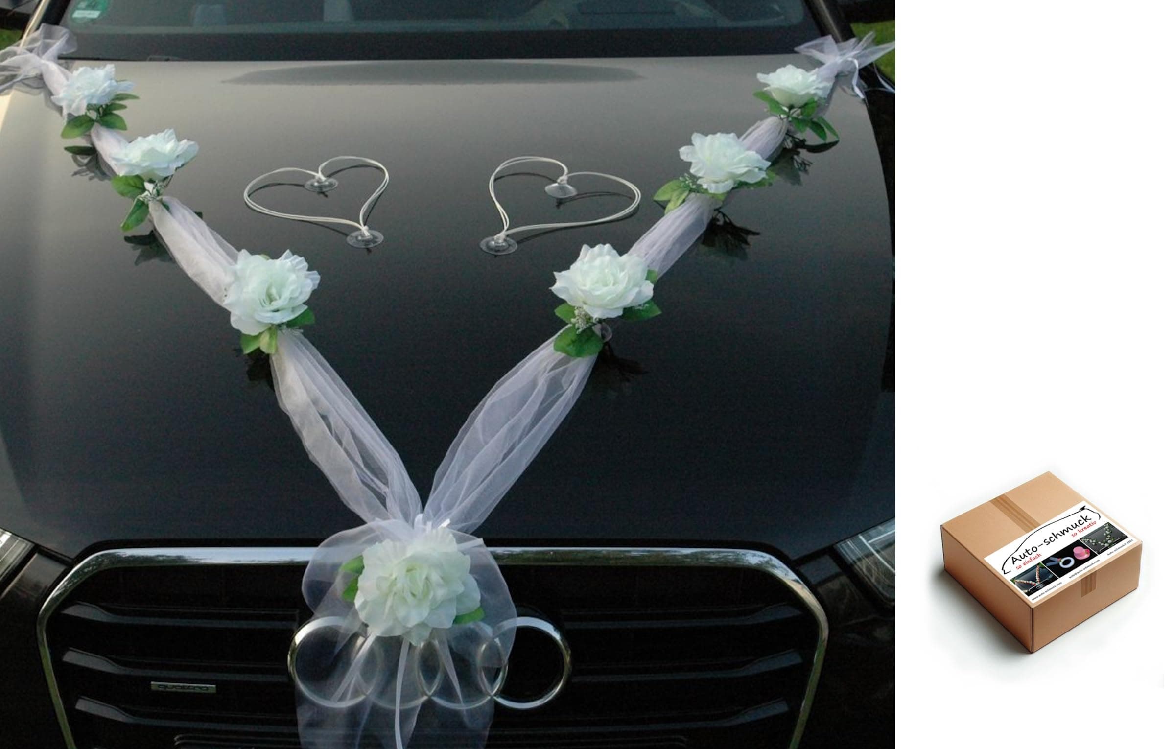AutoschmuckORGANZA M + HERZEN Braut Paar Rose Deko Dekoration Autoschmuck Hochzeit Car Auto Wedding Deko Ratan Girlande ®Auto-schmuck PKW (Ecru/Weiß/Weiß)