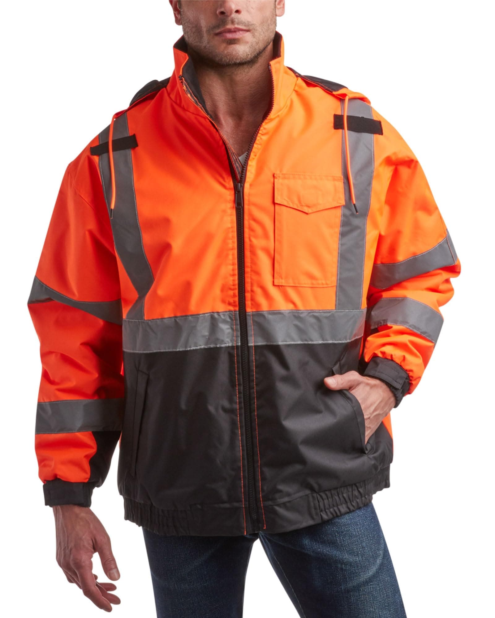 Bass Creek Outfitters Mens High Visibility Jacket - Waterproof Safety Jacket Reflective Hooded Work Jackets for Men (M-XXL)