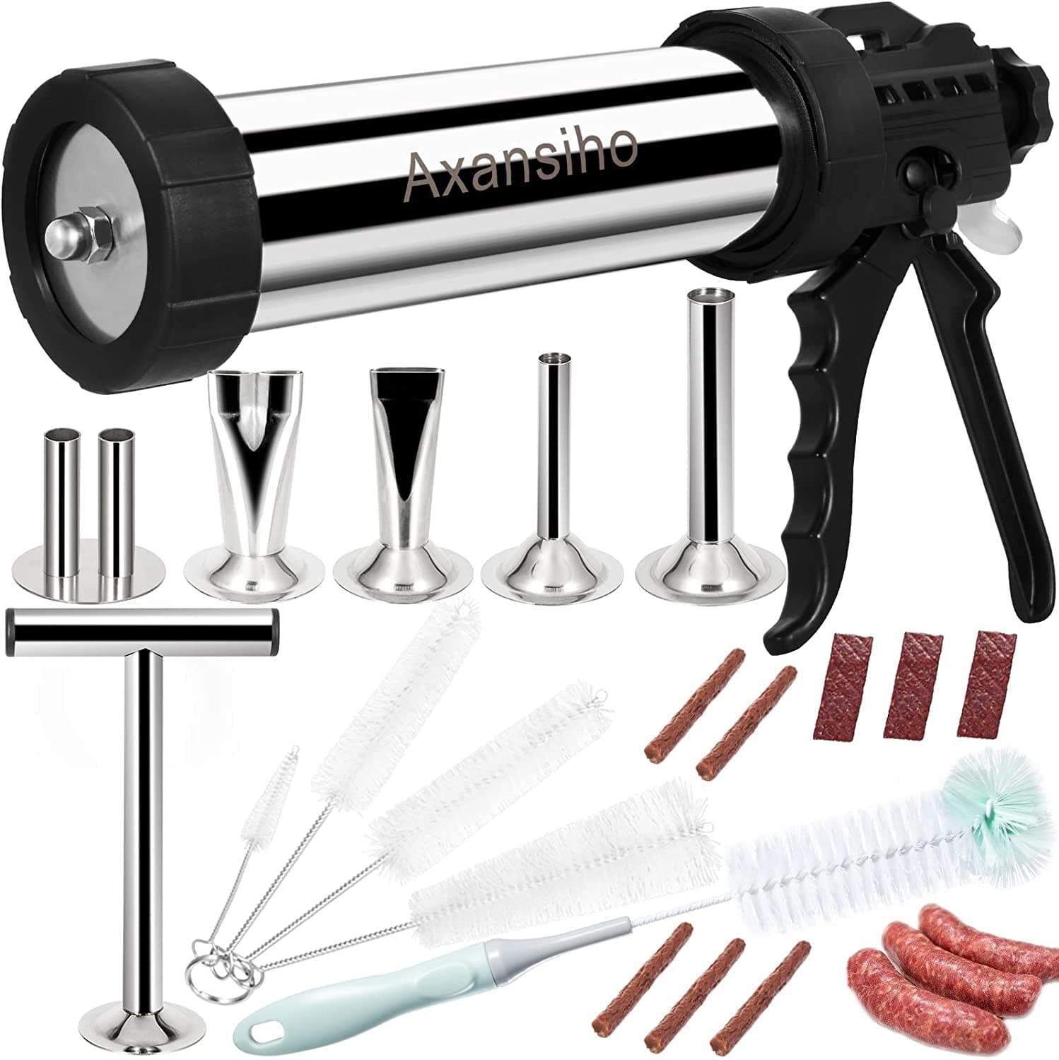 Upgraded 1.57LB Large Capacity Stainless Steel Jerky Gun Sausage Stuffer Machine - Beef Jerky Gun Sausage Maker Kit with 5 Nozzles, 5 Brushes & Meat Pusher