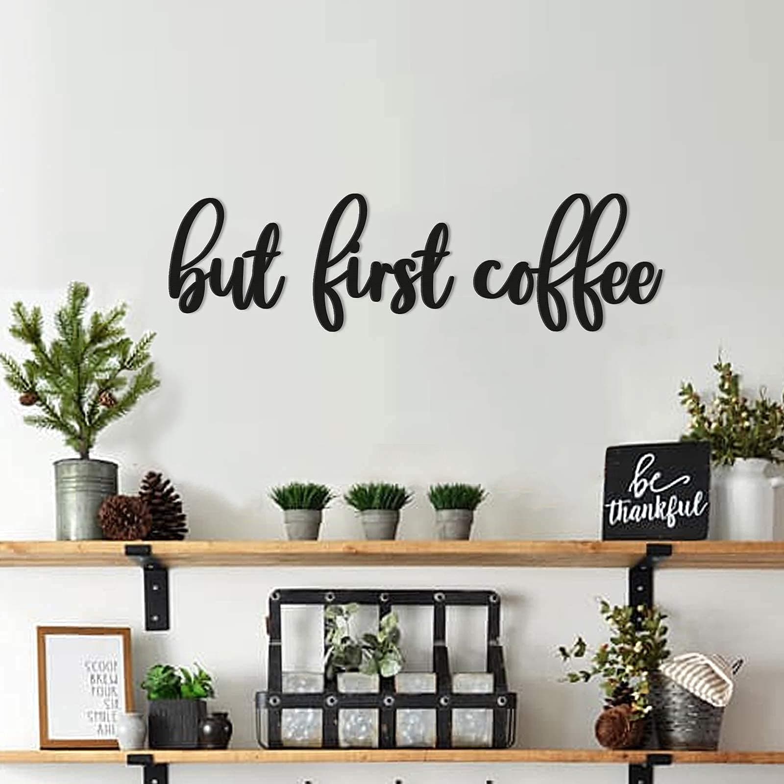Huray Rayho Coffee Bar Kitchen Wall Decor Wood Signs But First Coffee Words Decorations for Home Decoration Art Kitchen Eating Area Breakfast Nook Cafe or Restaurants Diner, House Warming Gifts, Black