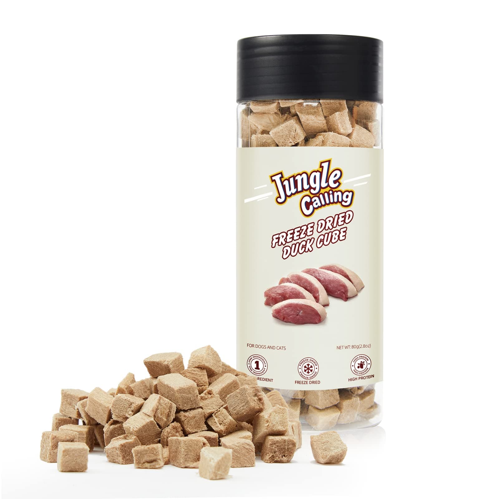 Jungle Calling Freeze Dried Duck Dog & Cat Treats - High Protein, Low Fat, Made with a Single Ingredient - Perfect for Training and Snacking, 2.8 oz (Duck Cube)